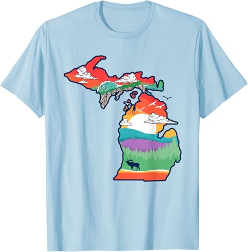 Miniatura 15 de Michigan Outside Vintage Nature Illustration Artistic T-Shirt Slate Grey,White,Baby Blue,Red,Silver Grey,Dark Green,Kelly Green,Olive Green,Lemon