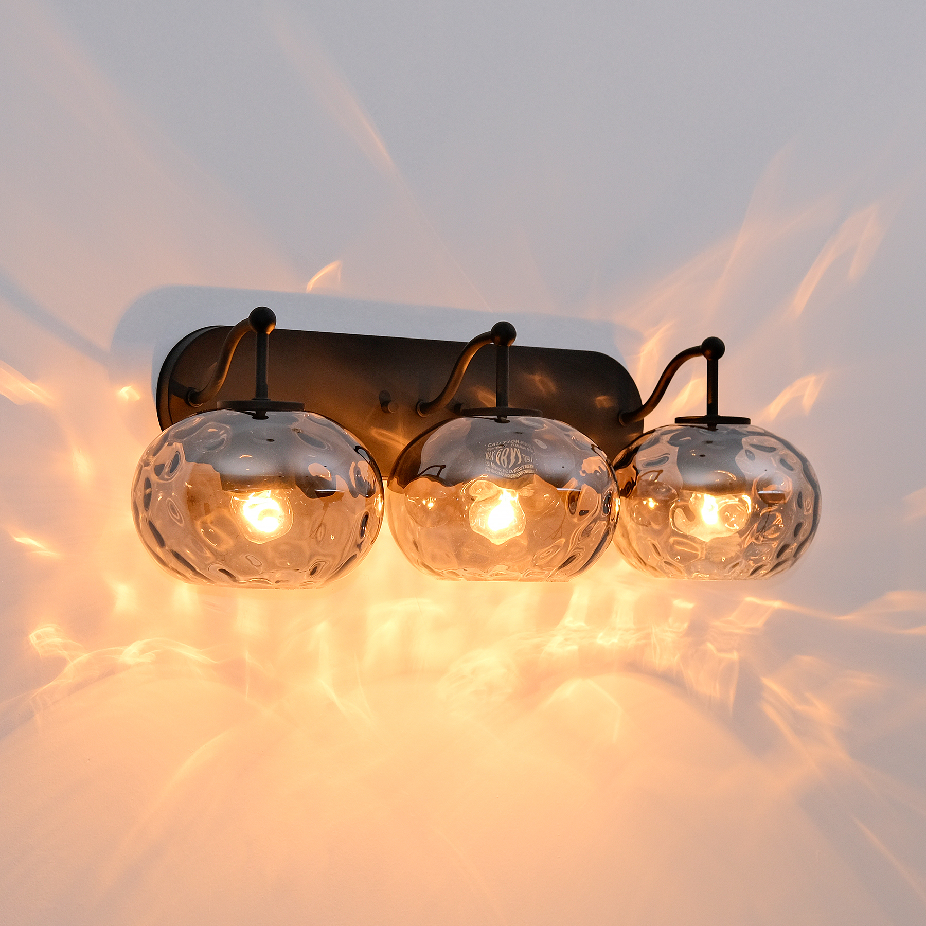 Image of 23 inch Matte Black Vanity Light Smoked Hammered Glass Wall Sconce 3-Light Grey Lampshade Wall Lamp for Hallway Living Room Stairwell Bathroom Over Mirror