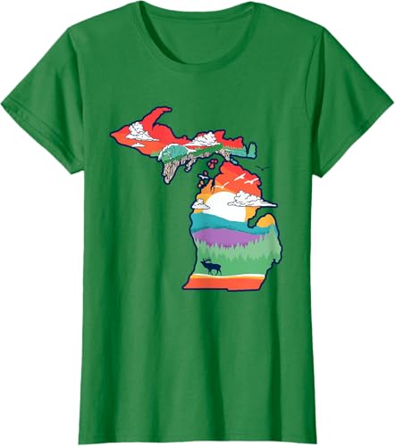 Miniatura 51 de Michigan Outside Vintage Nature Illustration Artistic T-Shirt Slate Grey,White,Baby Blue,Red,Silver Grey,Dark Green,Kelly Green,Olive Green,Lemon