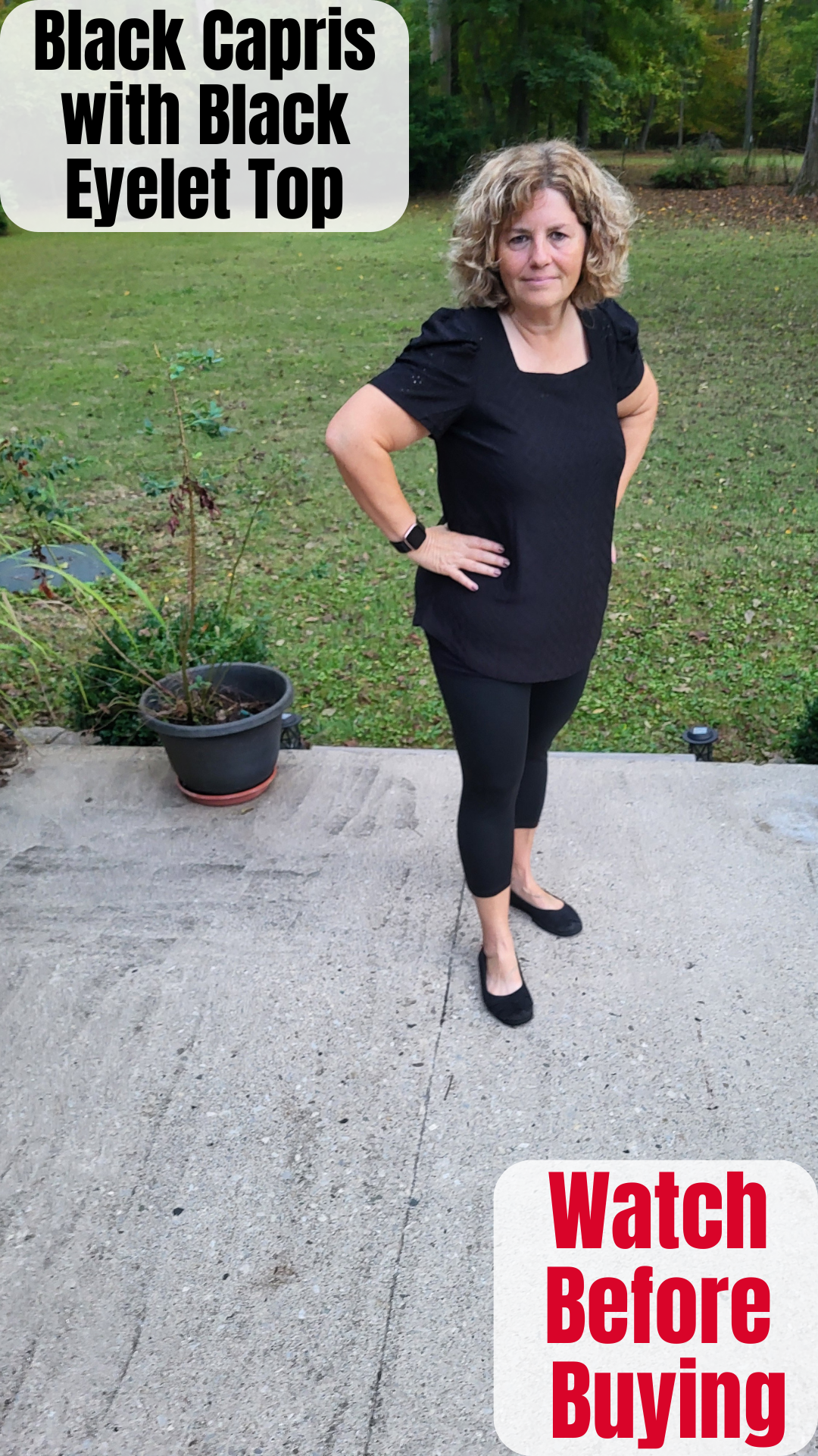 Cute Black Capri Leggings Paired With Black Eyelet Top