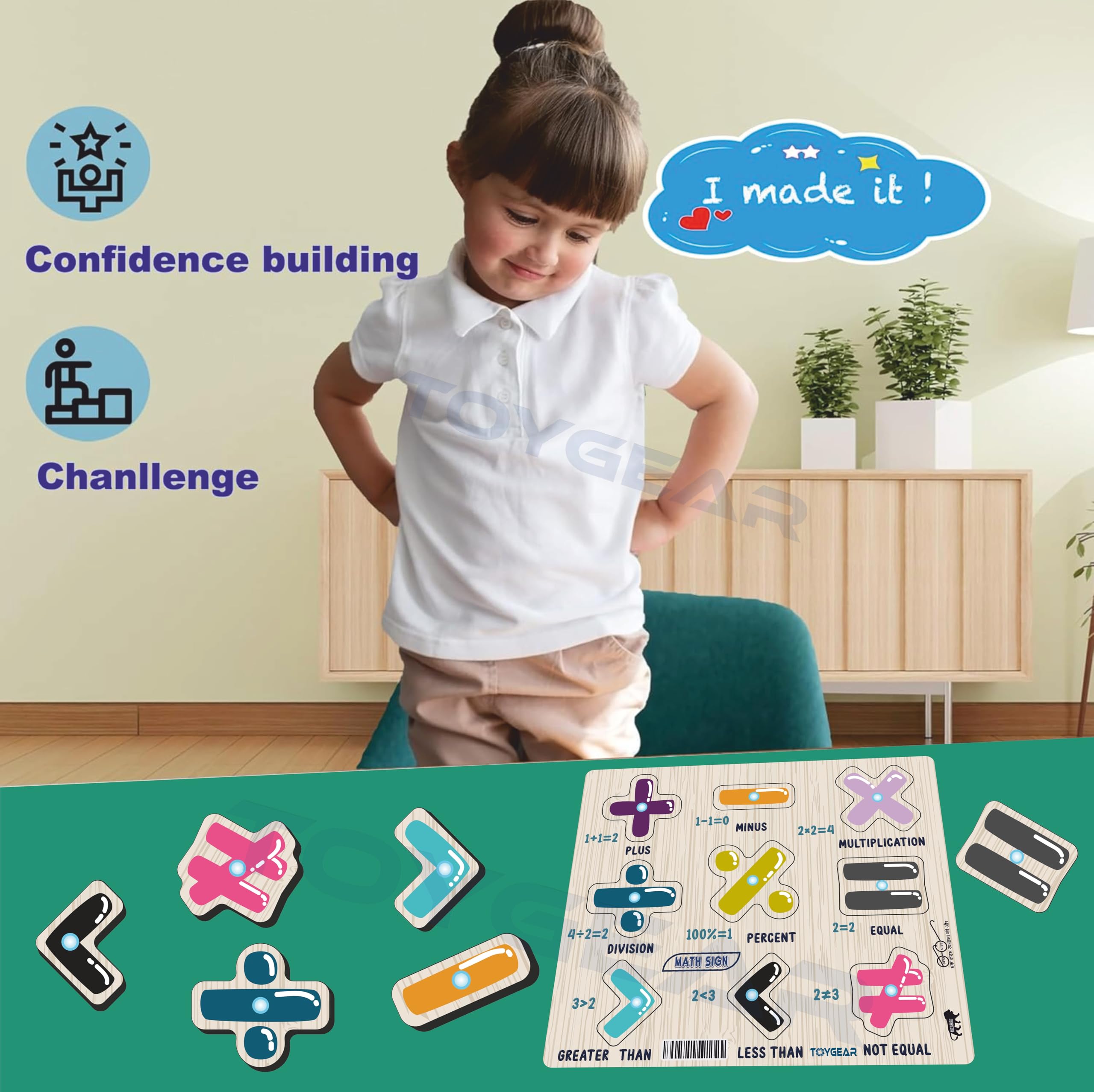 Nizomi Wooden Maths Sign Peg Puzzle for Toddlers & Preschool | Learn Arithmetic Symbols Add, Subtract, Multiply, Divide | Montessori Educational Toy for Early Math Learning 3