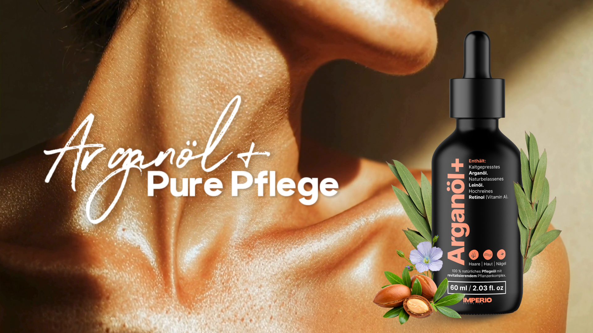 IMPERIO Arganöl kaltgepresst mit hochwertigem Retinol (Vitamin A) | 60ml |  Für Haare, Haut, Nägel & gegen Falten | 100% naturreines Pflegeöl mit  Leinsamen Extrakt
