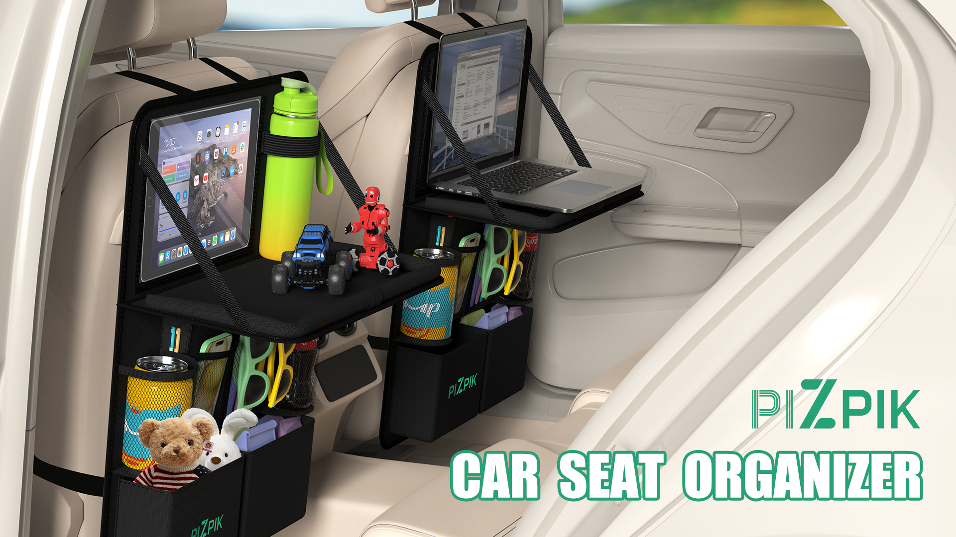 Plzpik Organiseur de siège de voiture avec support de tablette, 11 poches de rangement avec plateau alimentaire pliable, tapis de protection pour enfants, organisateur d'accessoires de voyage (noir, 1