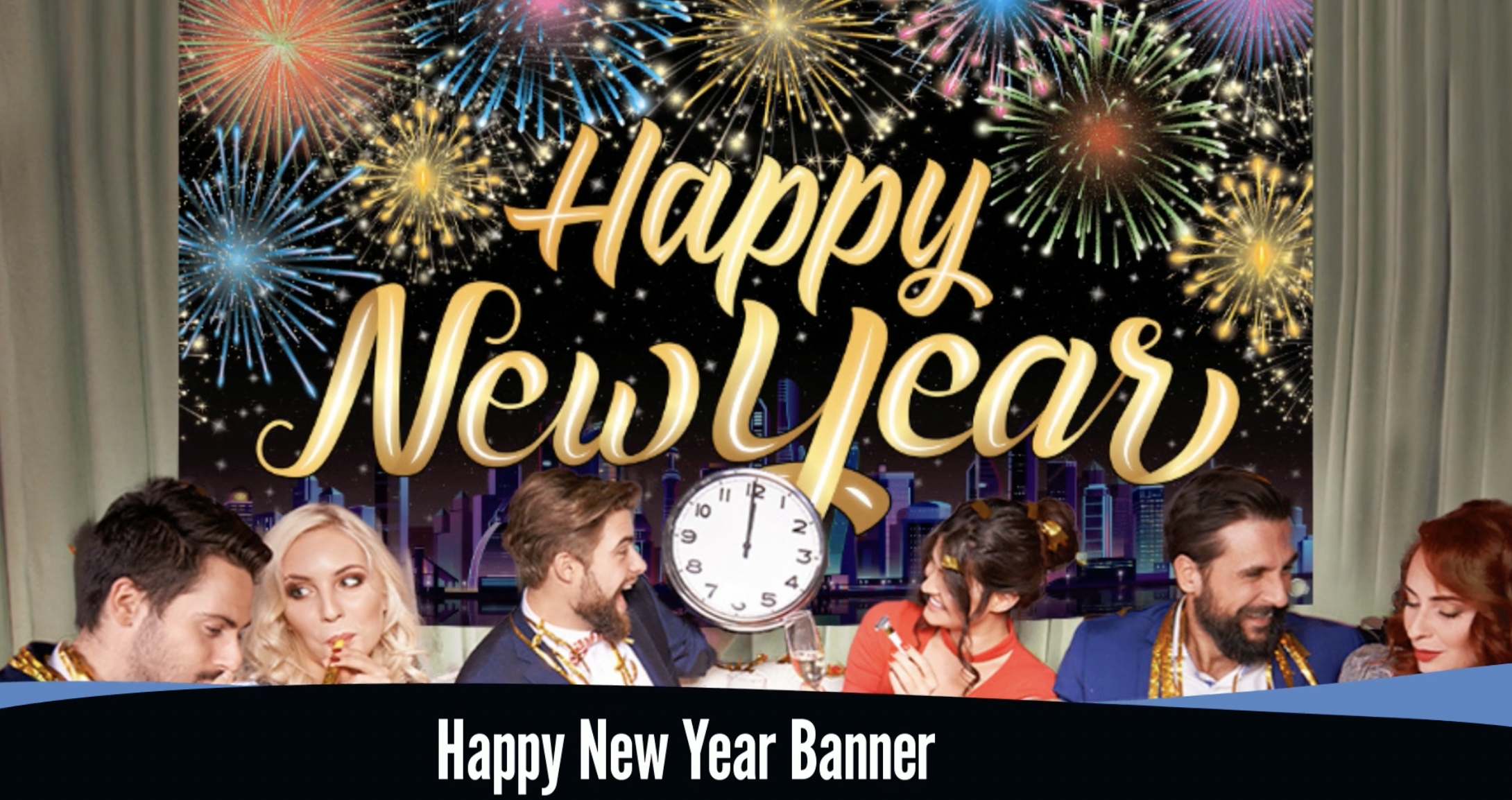 Happy New Year Banner Für Silvester 2025 – Vorgefädelt, Schwarz-gold