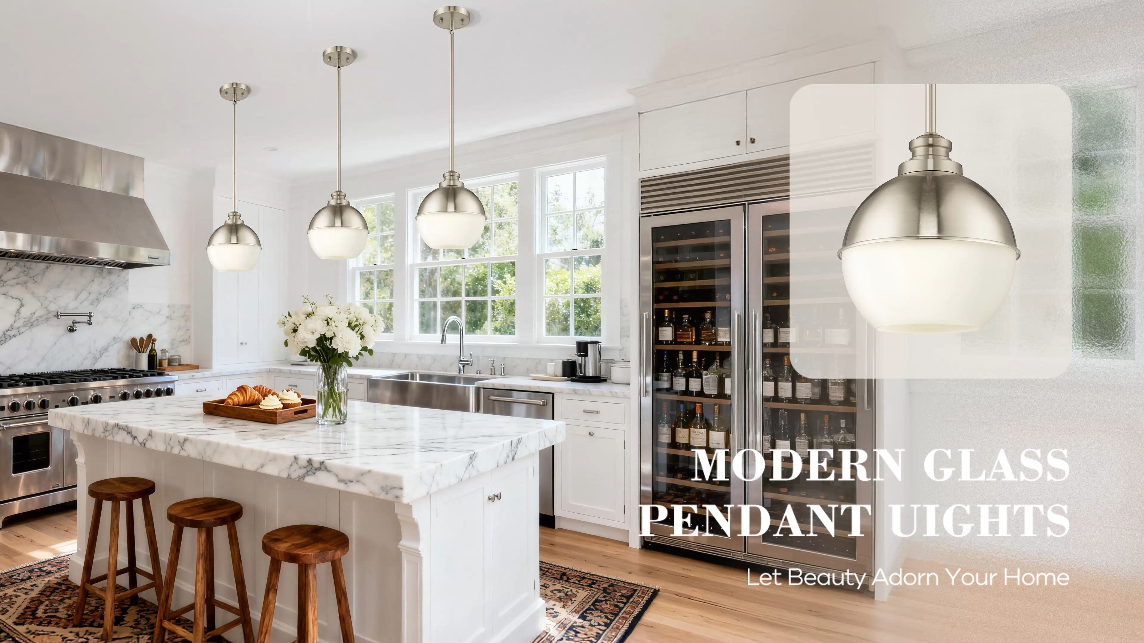 Image of Beionxii 8 inch Nickel Pendant Light Fixtures, Mid Century Globe Pendant Lights