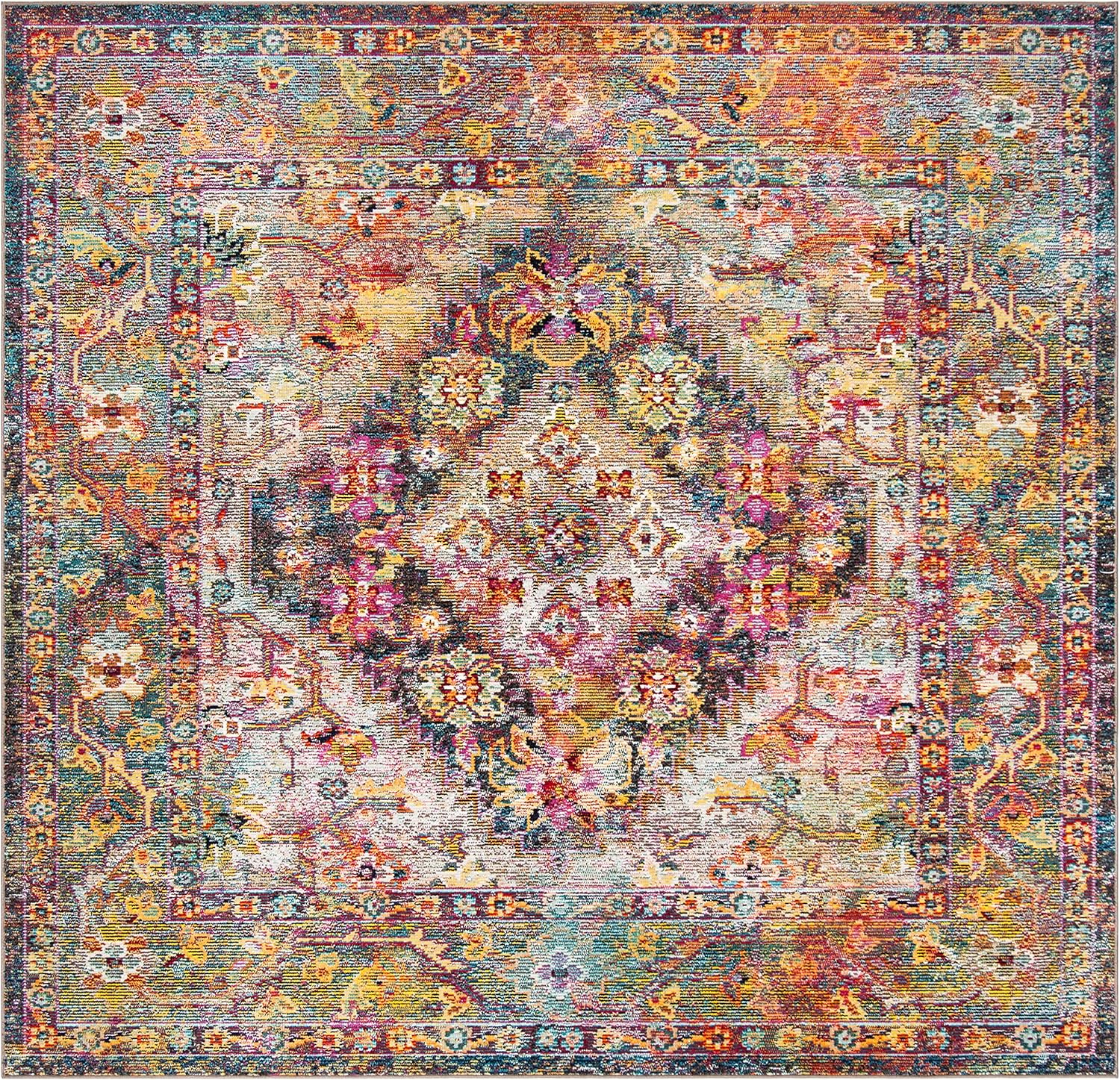 SAFAVIEH Crystal Collection Area Rug - 7' Square, Navy & Light Blue, Medallion Distressed Design, Non-Shedding & Easy Care, Ideal for High Traffic Areas in Living Room, Bedroom (CRS507H)