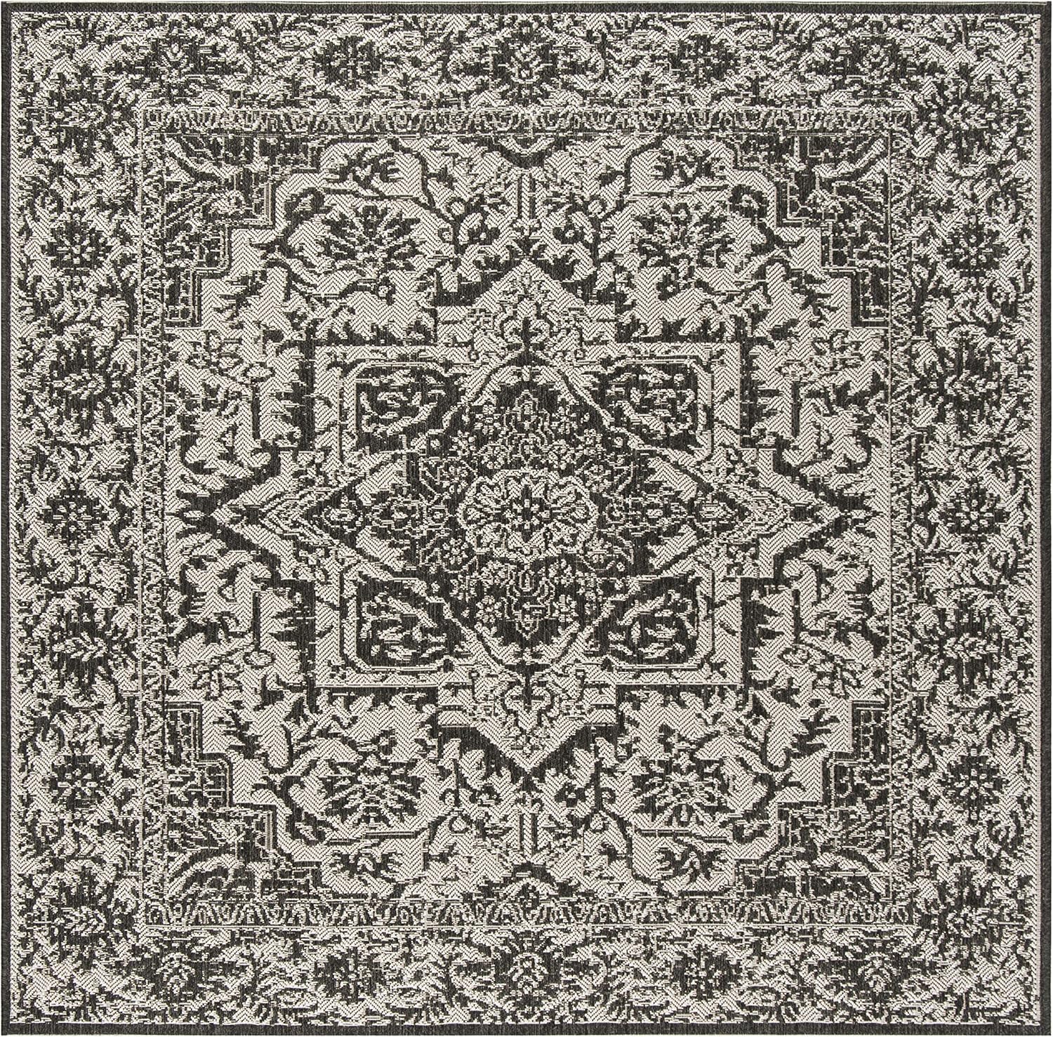 SAFAVIEH Washable Rug Outdoor Beach House Collection - 6'7" Square, Light Grey & Charcoal, Non-Shedding & Easy to Clean, Ideal for Patio, Backyard, Mudroom (BHS139A)