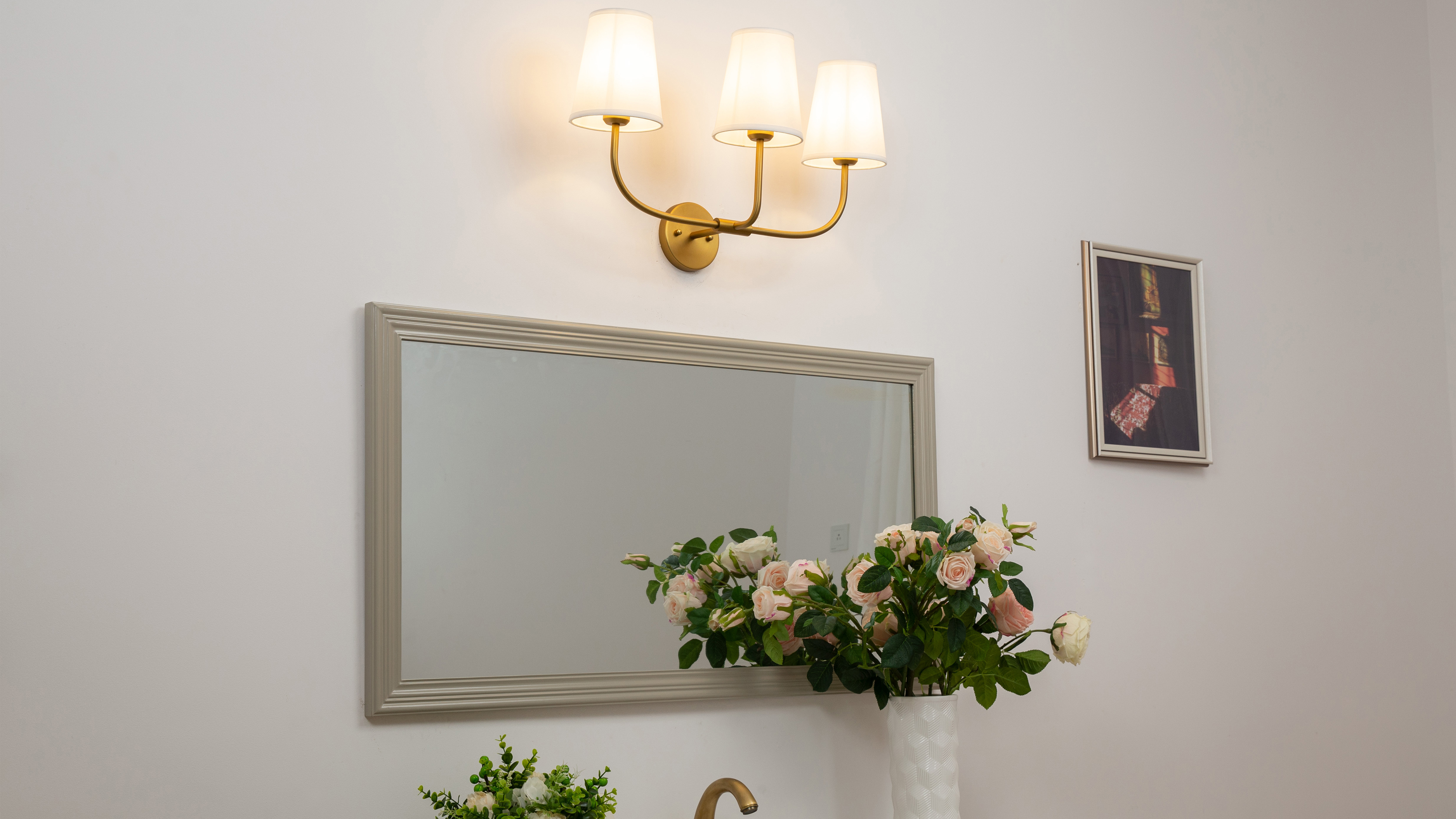 Image of Pathson 3 Lights Fabric Wall Sconce Lamps Pure White Fabric Lampshade, Vintage Fabric Wall Vanity Light, E26 Bulb Base Brass Wall Lighting Fixtures Decor for Living Room