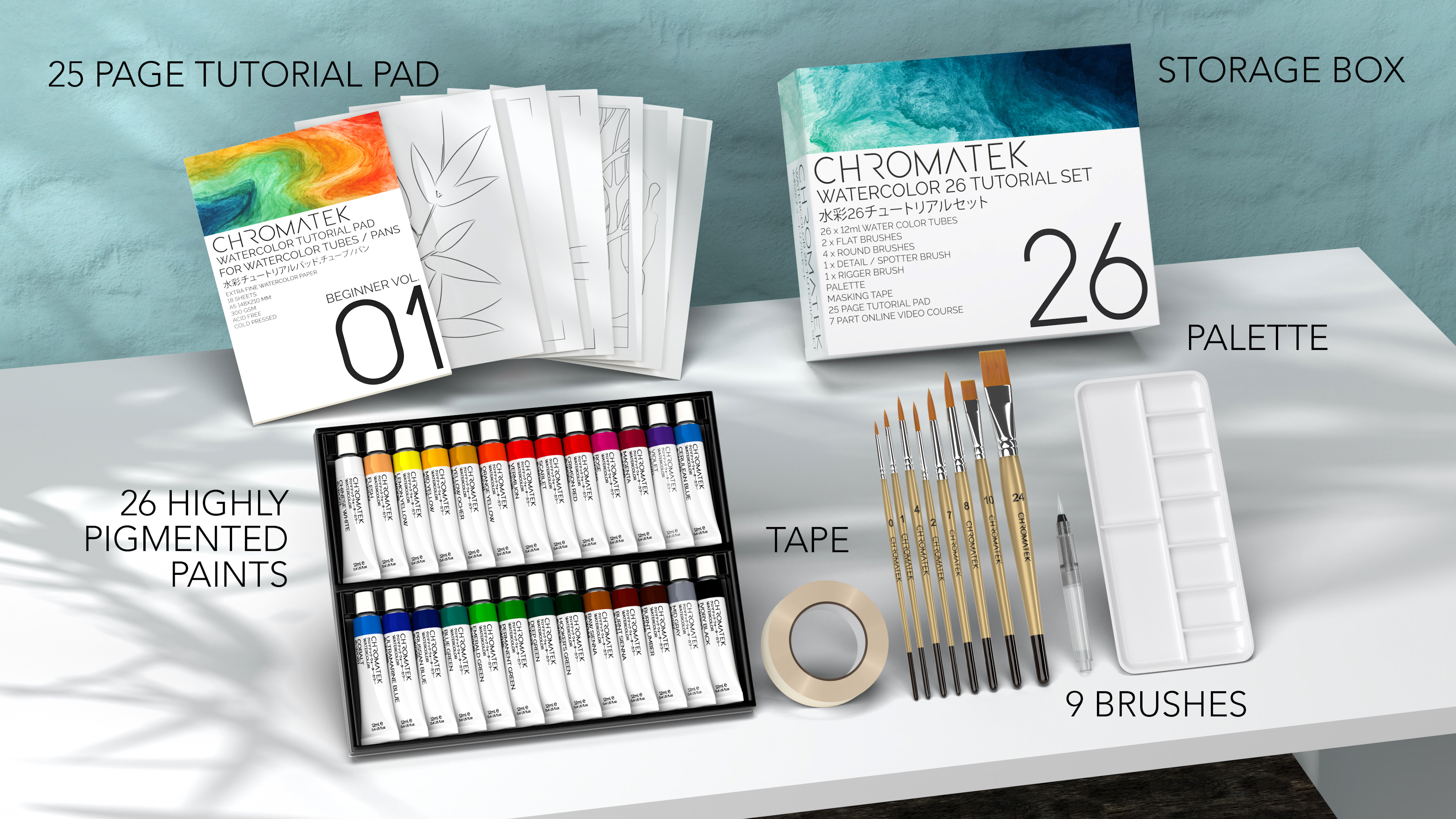 Kit Aquarelle Chromatek 62 Pièces – 26 Tubes, 8 Pinceaux, Papier, Palette, Aquapen, Ruban – Débutants Et Pros