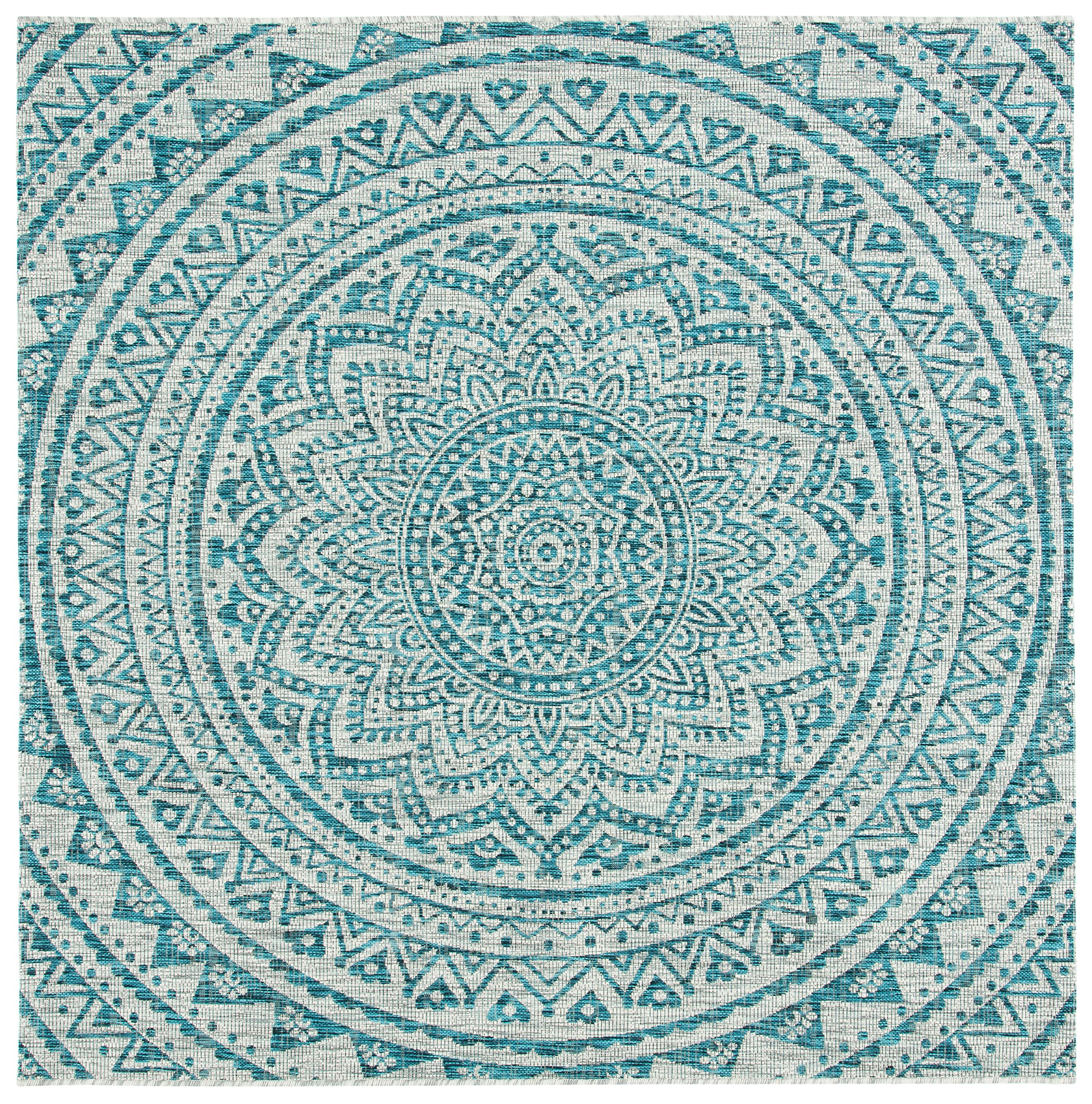 SAFAVIEH Washable Rug Outdoor Courtyard Collection - 9' Square, Light Grey & Teal, Non-Shedding & Easy Cleaning, Ideal for Patio, Backyard, Mudroom (