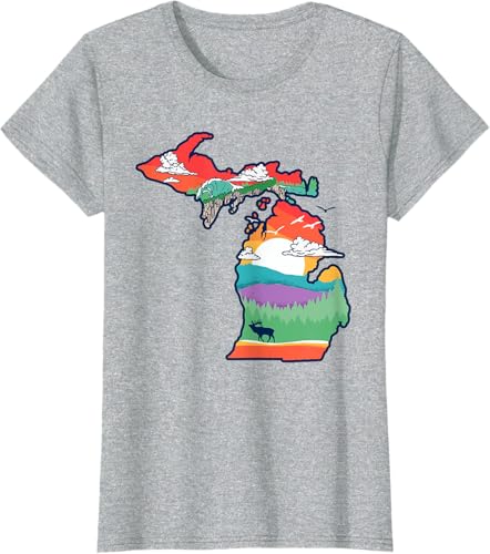 Miniatura 64 de Michigan Outside Vintage Nature Illustration Artistic T-Shirt Slate Grey,White,Baby Blue,Red,Silver Grey,Dark Green,Kelly Green,Olive Green,Lemon
