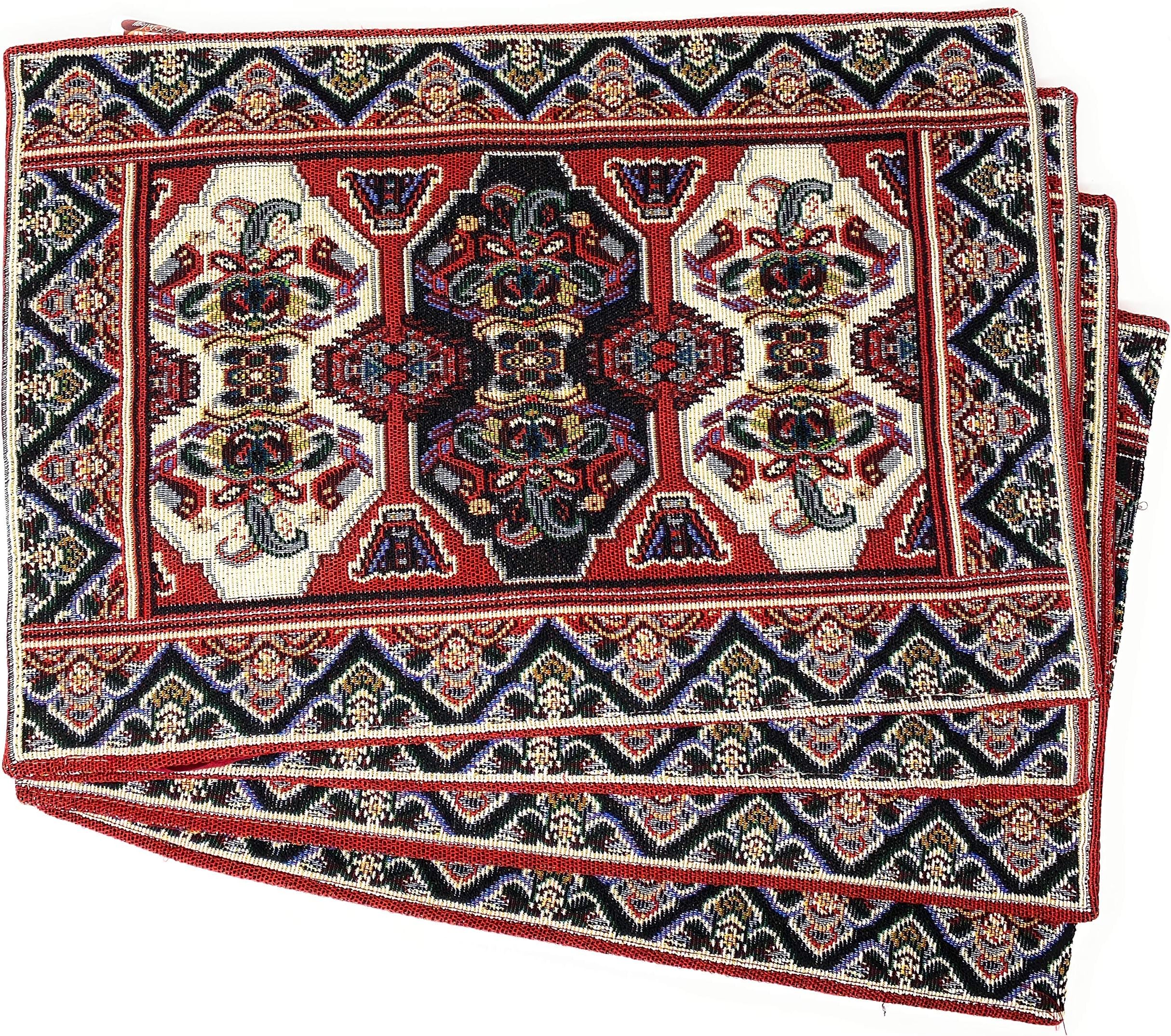 DaDa Bedding Majestic Red Kilim Rug Dining Table Placemats - Set of 4-Pieces Tapestry Cotton Kitchen Mats Royal Persian Tradtional Design - Elegant Intricate Multi-Colorful Floral Ornate - 13” x 19”