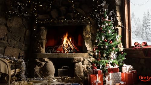 Lareira de cabine de tronco de Natal e áudio crepitante - relaxante, quente, calmante