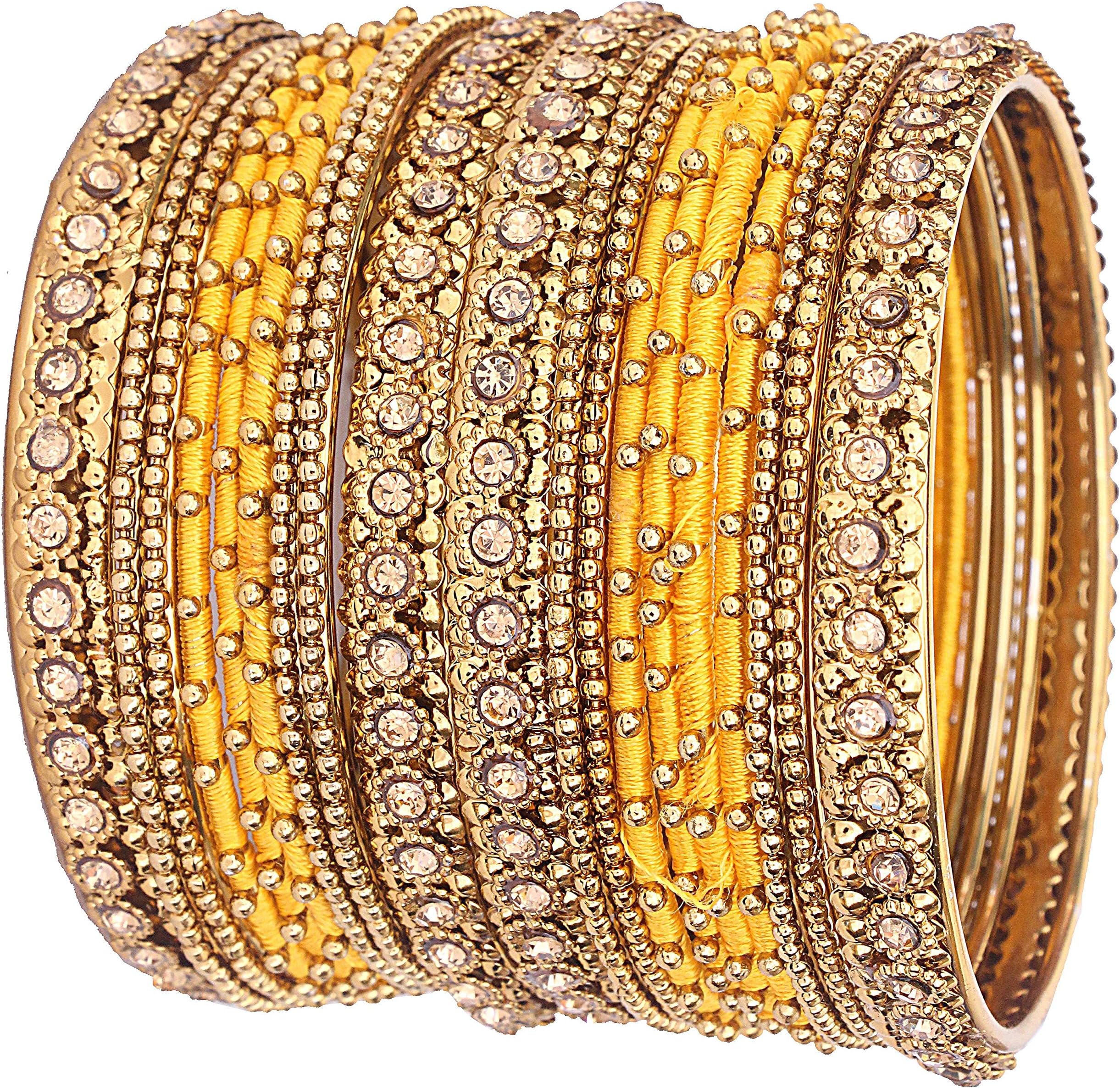 NMII Metal with Golden Zircon Gemstone & Silk Thread Studded worked Ball Chain Linked Stylish Bangle Set For Women and Girls