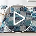 Exclusivo Mezcla Reversible Boho Quilt Set Queen Size, 3 Pieces Patchwork Navy Blue All Season Bedspreads, Ultra Soft Floral Coverlet Bedding Set with Printed Pattern (1 Quilt, 2 Pillow Shams)