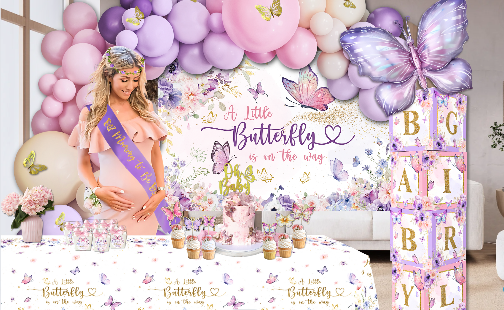 Purple Butterfly Baby Shower Decorations For Girl,purple Balloon Garland  Arch Kit,purple Butterfly Baby Boxes And Butterfly Backdrop Kit, image size:1700x1046