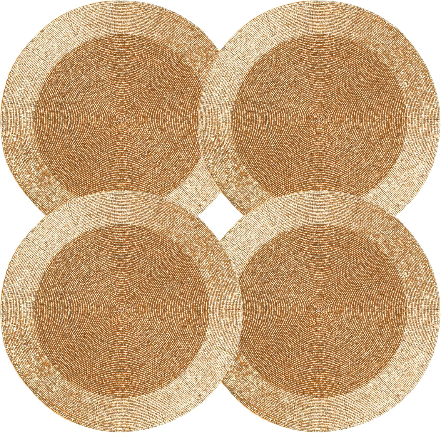 Lightnpro Handmade Beaded Placemats Set of 4 - Round Charger Mats - Farmhouse Style Table Decor for Dining, Wedding, Holiday, and Special Occasions - Elegant Glitz Table Setting - 13 Inch Gold