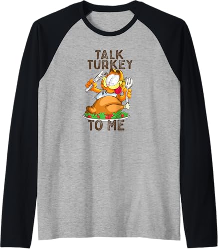 Garfield Camiseta de béisbol raglán Talk Turkey To Me de Acción de Gracias, Negro, S
