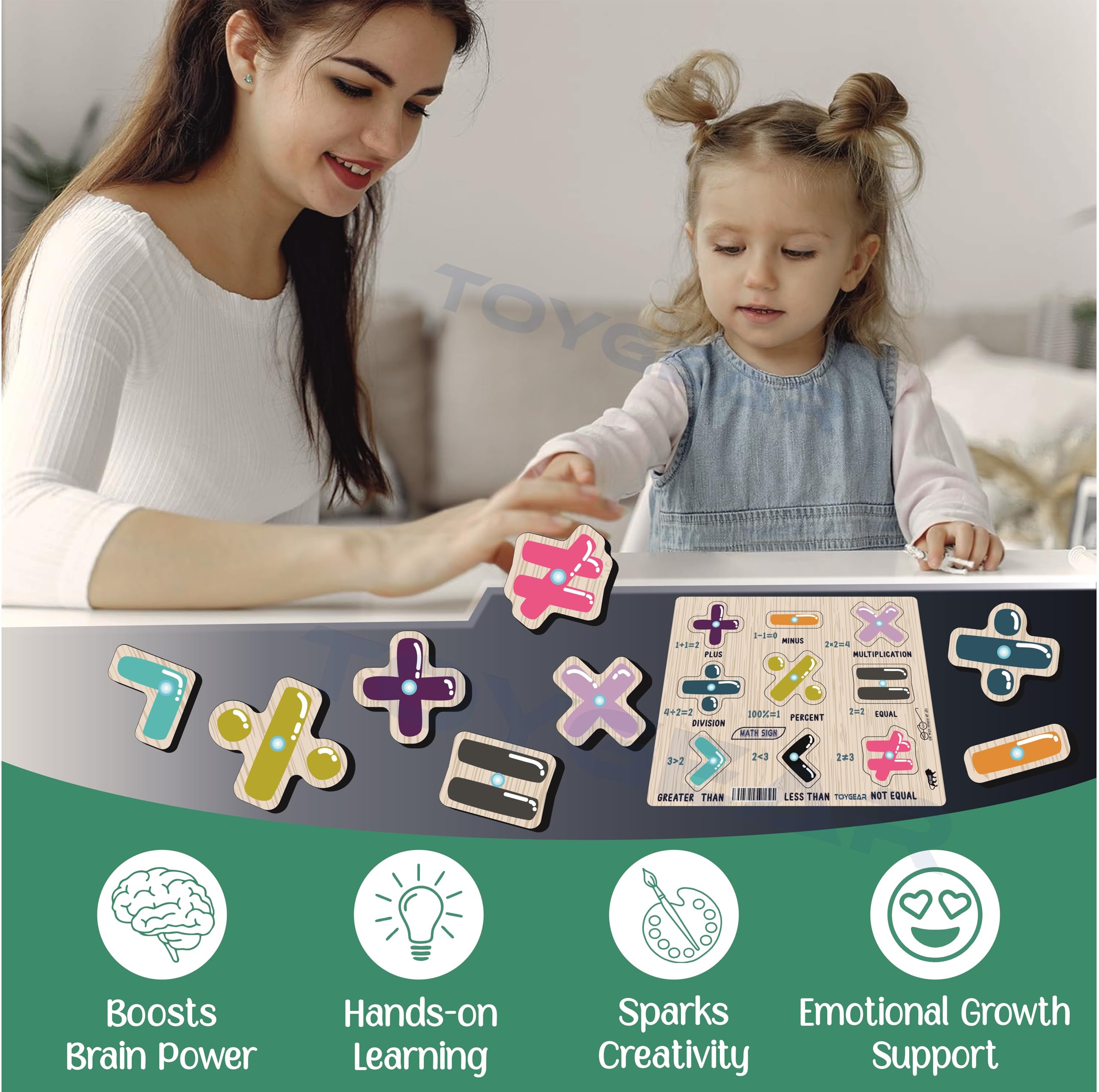 Nizomi Wooden Maths Sign Peg Puzzle for Toddlers & Preschool | Learn Arithmetic Symbols Add, Subtract, Multiply, Divide | Montessori Educational Toy for Early Math Learning