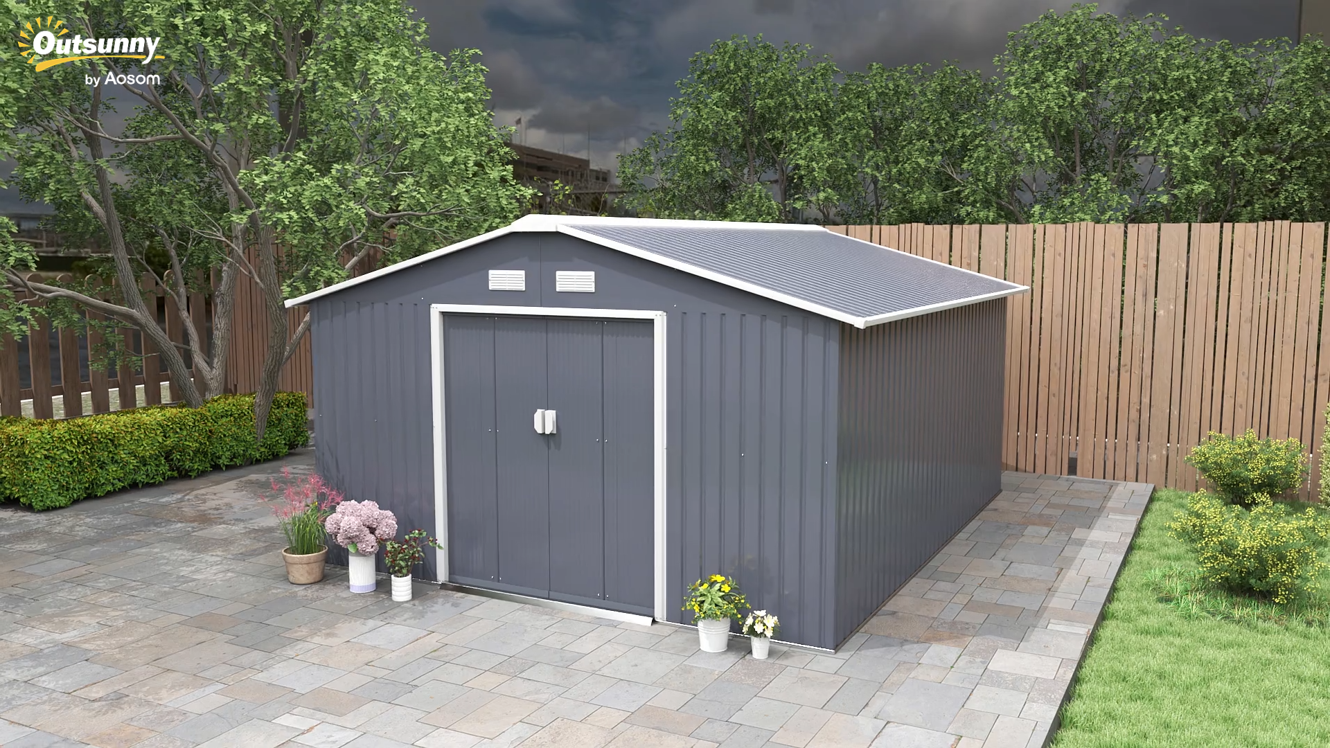 Outsunny Casetta da Giardino 4m² in Acciaio Zincato con Fori di Drenaggio e Finestre Trasparenti in Acrilico, Capanno Porta Attrezzi con Tetto, Porta Bloccabili con Chiavi e Guanti, Grigio Scuro