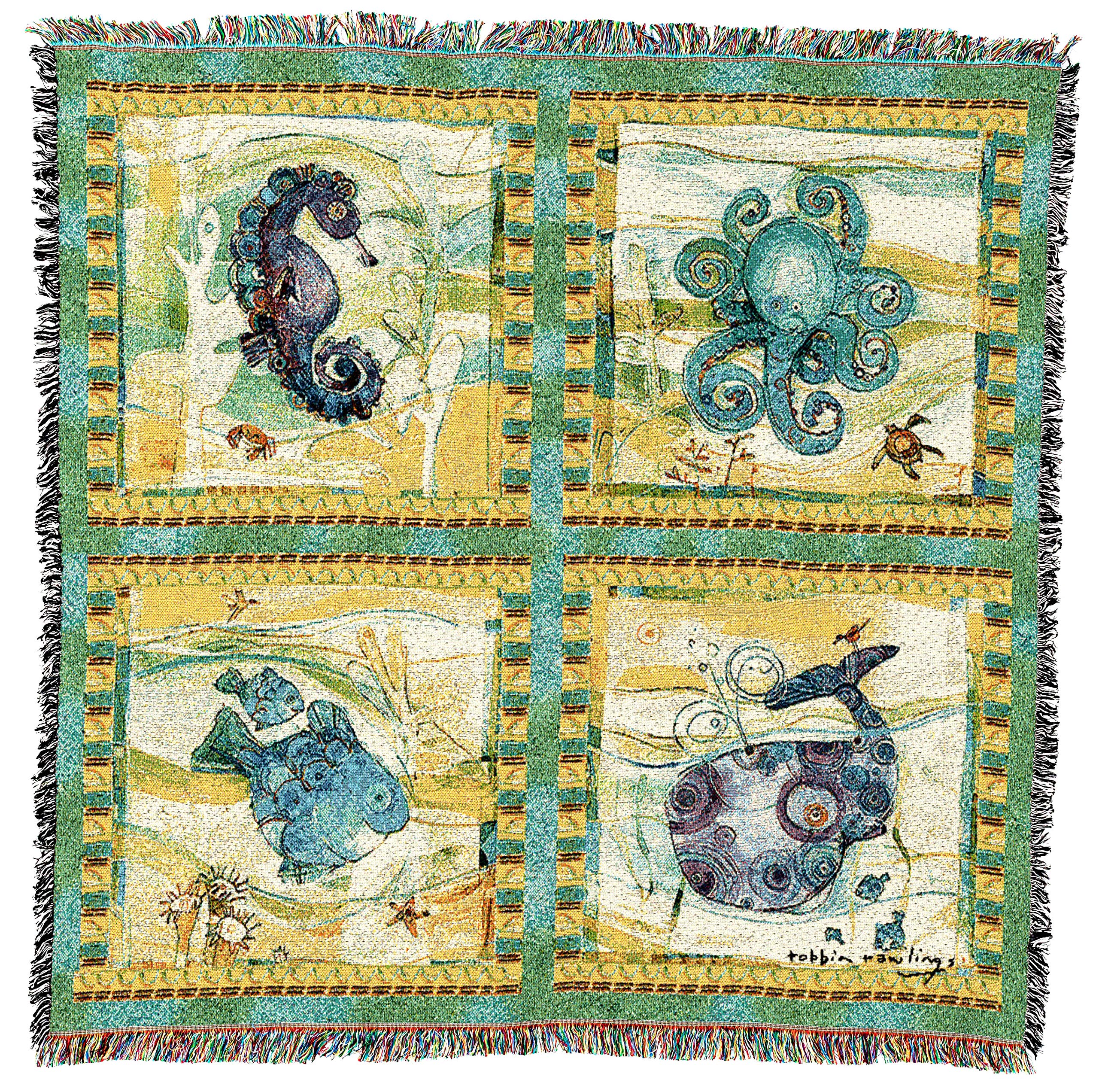 Pure Country Weavers Playful Sea Blanket - Coastal Ocean Beach Gift Lap Square Tapestry Throw Woven From Cotton - Made In The USA (54x54