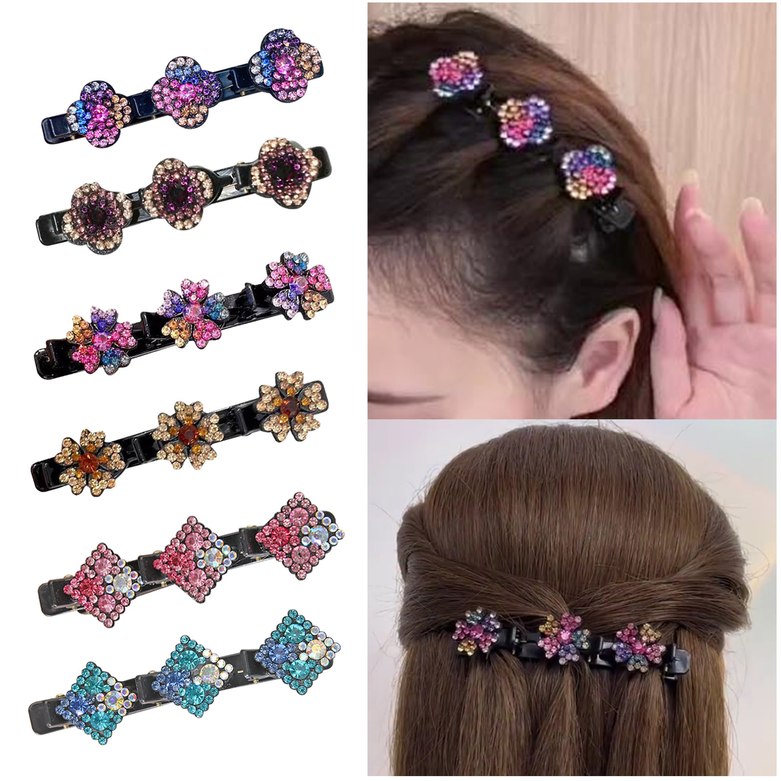 6 Barrettes Cheveux Femme Double Couche - Cristal Strass - Pour Coiffures Quotidiennes, Fêtes, Mariages - 12