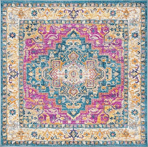 SAFAVIEH Madison Collection MAD202M - Alfombra cuadrada de 6 pies 7 pulgadas, color azulmulti estilo medallón bohemio, no desprende pelusa, para