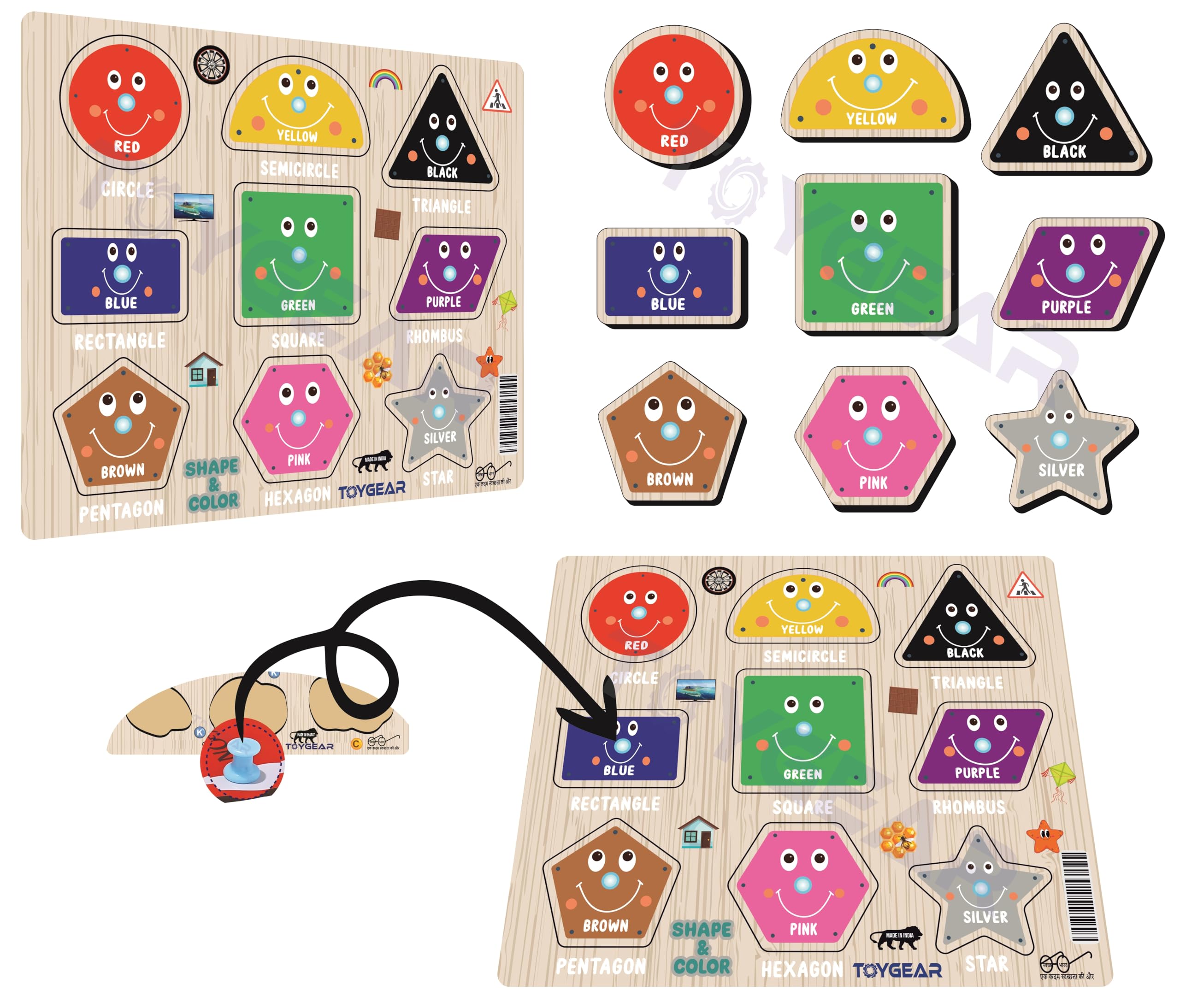 Nizomi Body Parts, Shapes & Colors Wooden Peg Puzzle Combo for Kids | Montessori Early Learning Boards | Educational Wooden Toy for Toddlers & Preschoolers 1