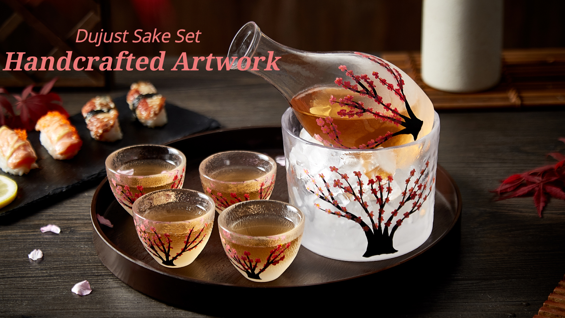 DUJUST Japanse Sake Set voor 4, handgemaakte roze kersenbloesems ontwerp, 1 Sake Bot