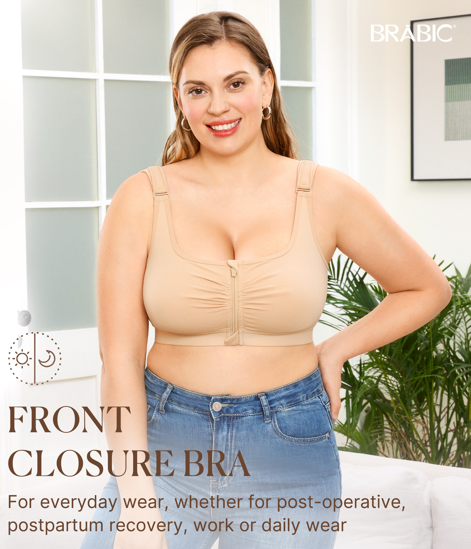 BRABIC Wireless Zip Front Closure Bras for Women No Underwire Full