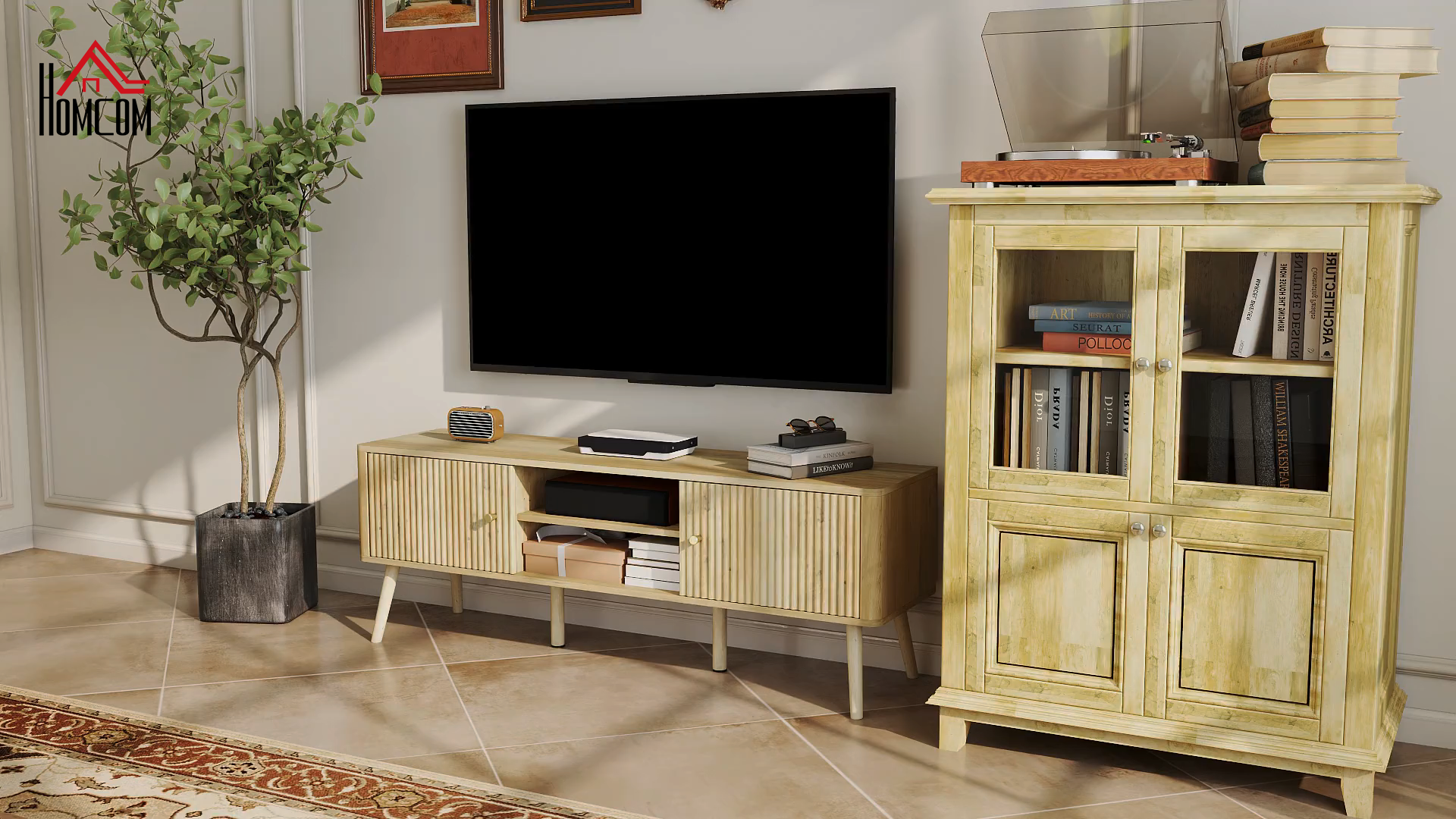 HOMCOM Meuble TV Banc TV 2 Portes Cannage En Rotin 2 Niches Avec 2 Passe-câbles - Pieds Métal