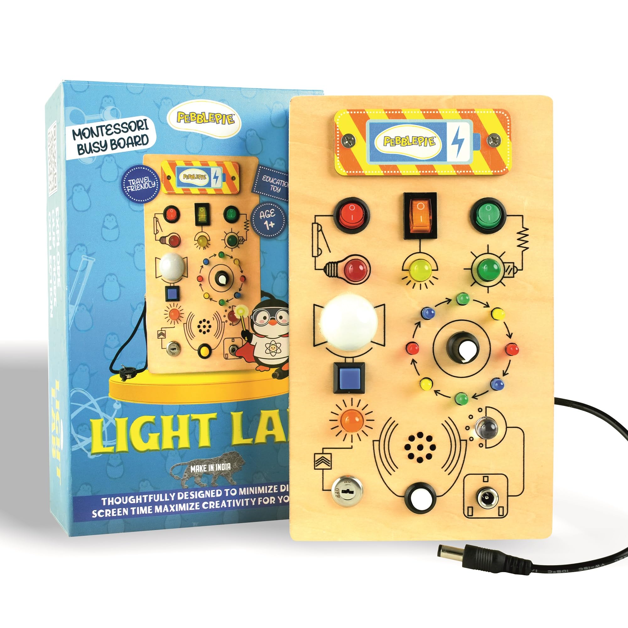 Light Lab Wooden Montessori Busy Board with Lights & Switches | Sensory Learning Toy with Number Sounds | Educational Wooden Toy for Toddlers 1–3 Years | Interactive Sound & Button Activity-image-2