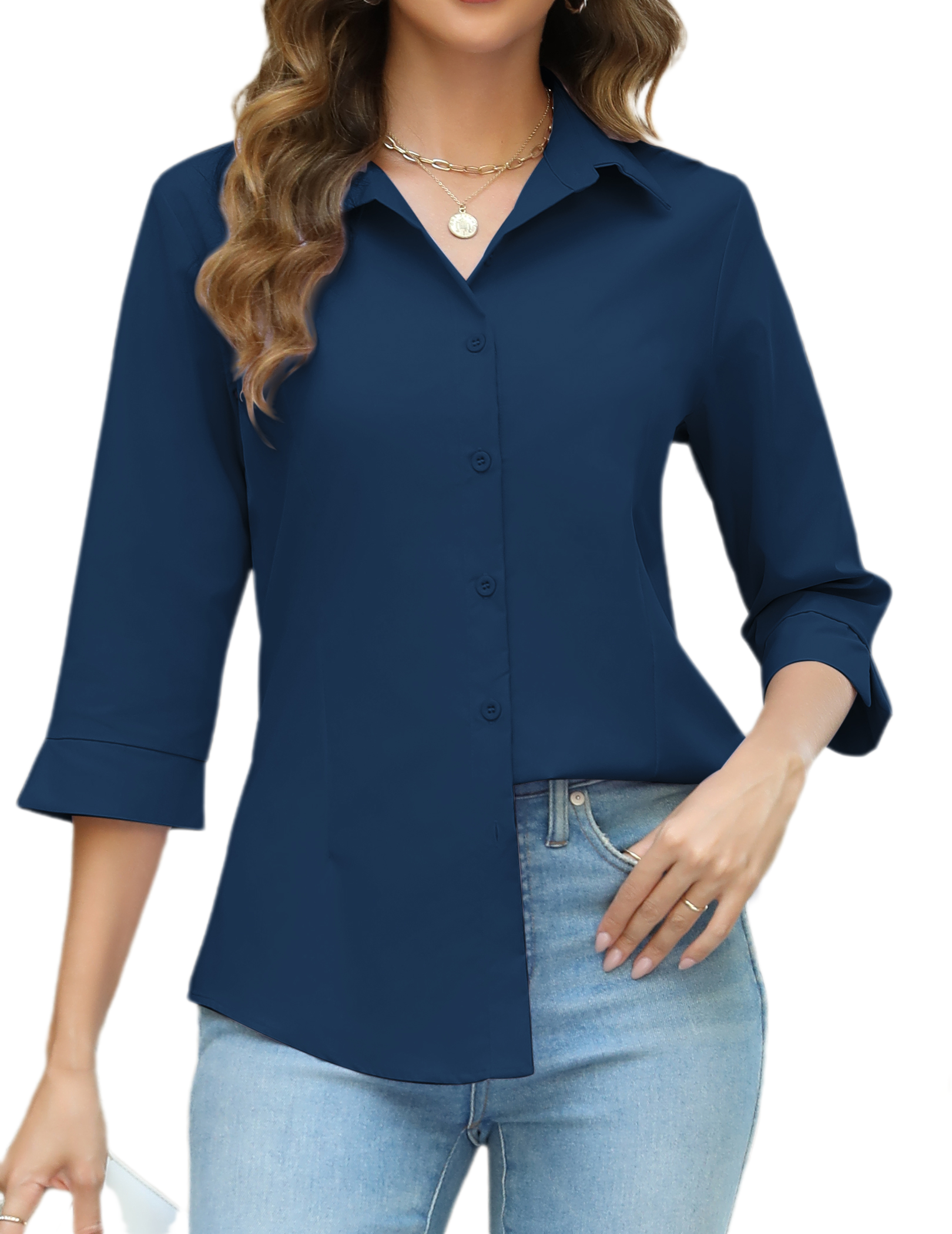 トップス HATRA blouse navy Amazon.com: HOTOUCH Womens Black Button Down Shirt 3/4 Sleeve