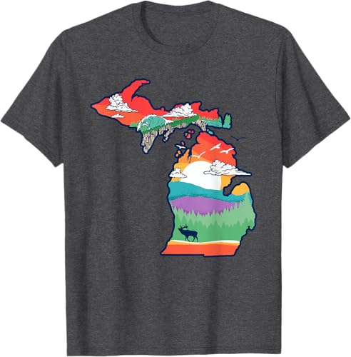 Miniatura 28 de Michigan Outside Vintage Nature Illustration Artistic T-Shirt Slate Grey,White,Baby Blue,Red,Silver Grey,Dark Green,Kelly Green,Olive Green,Lemon