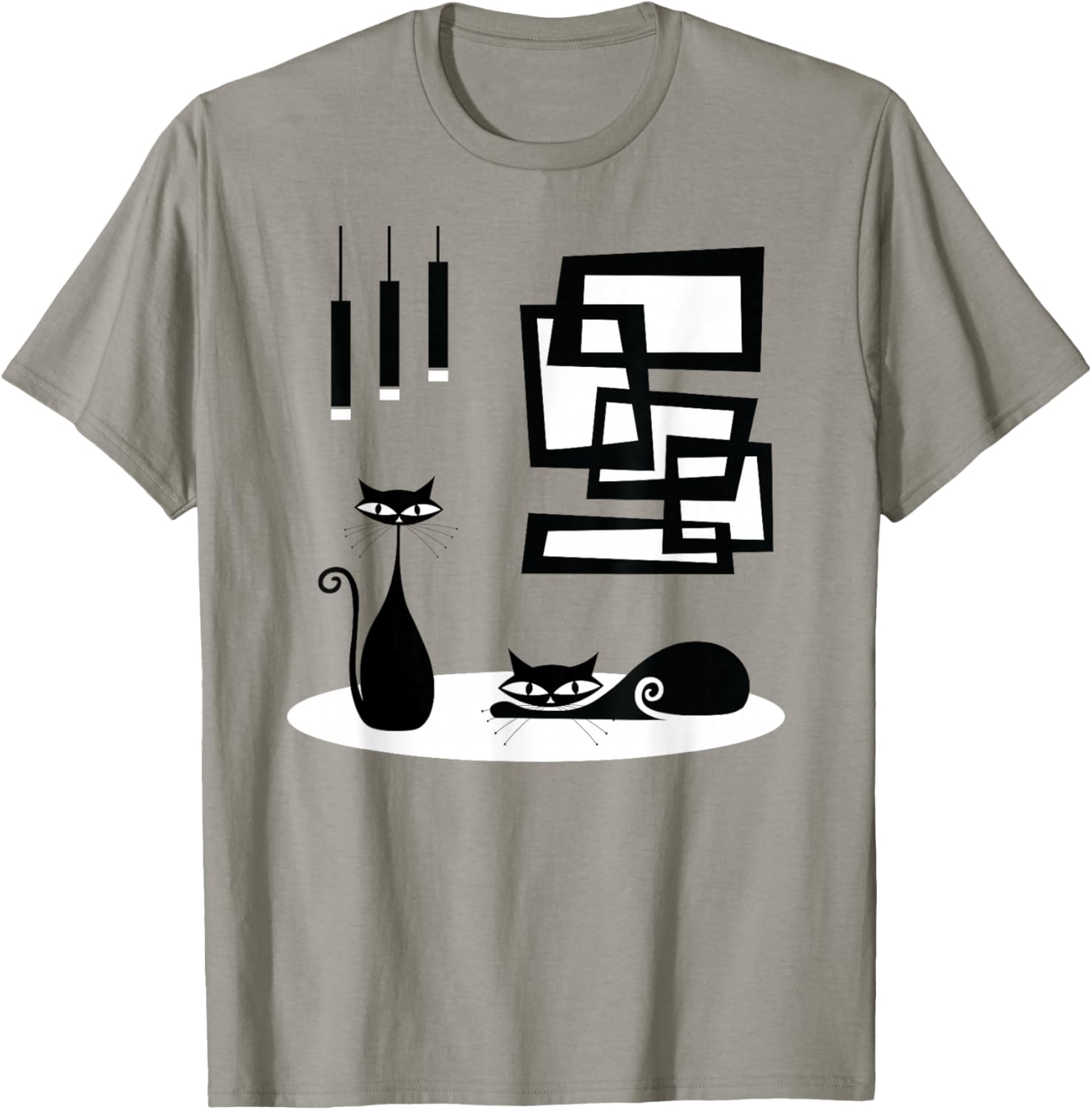 Small Retro Cat Mid Century Modern Cats and Atomic Art T-Shirt, Women's, Unisex, Short Sleeve, Grey, Small, Regular Fit, Cotton Blend, Machine Wash, US Size Small