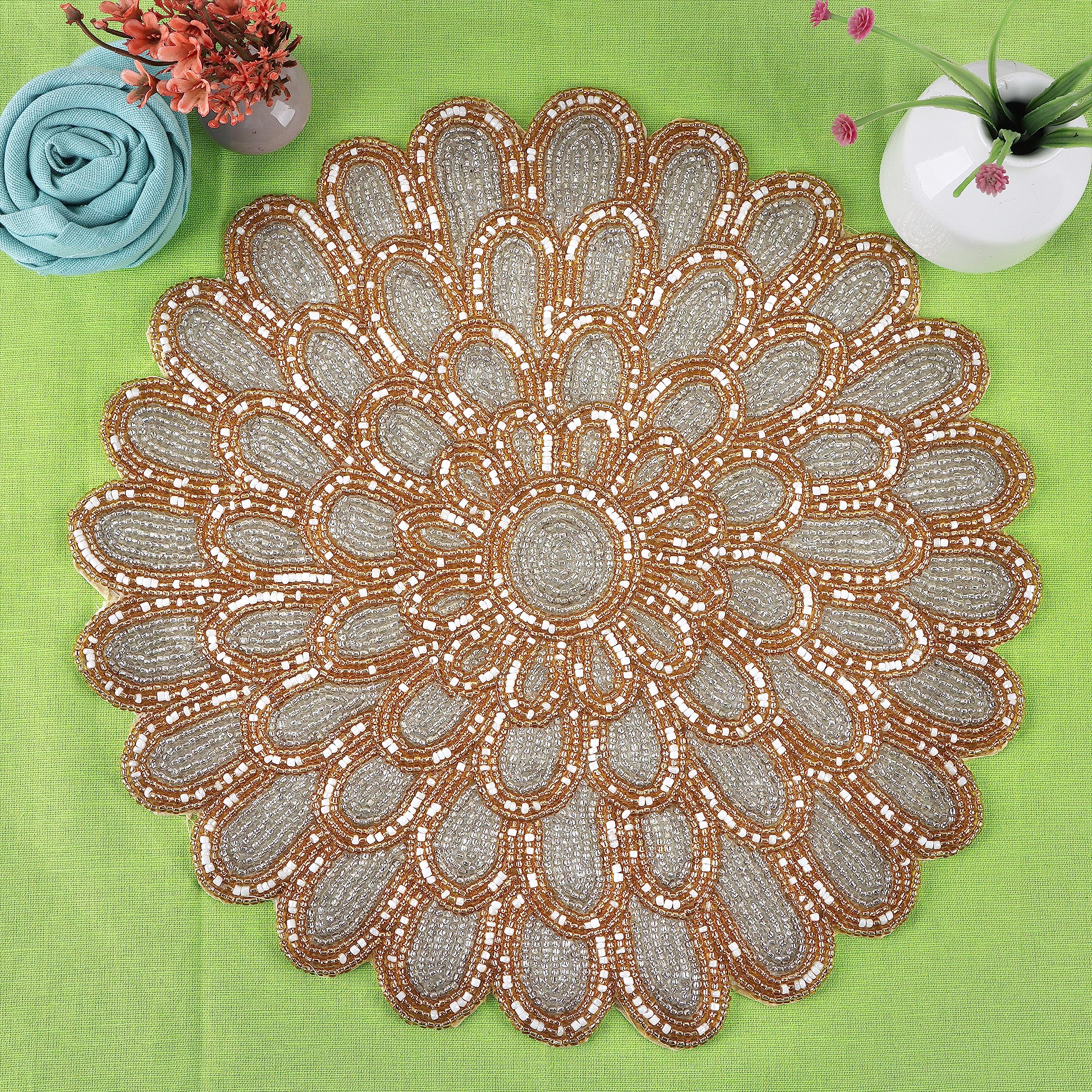 Ivory Gold Beaded Placemats – 13” Round Charger Plates | Handmade Glass Bead & Polyester Table Mats for Dining & Coffee Tables | Elegant Holiday & Home Décor –ALPHA Living HOME