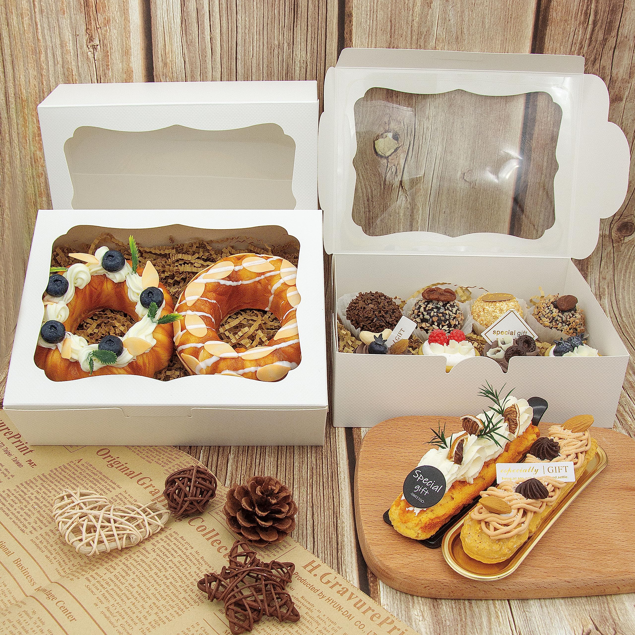 QULIT 50 cajas de panadería blancas de 8 x 6 x 2.5 pulgadas con ventana, cajas de pastelería, cajas de postre para galletas, macarrón, dona, magdalenas de chocolate, fresa y cupcakes