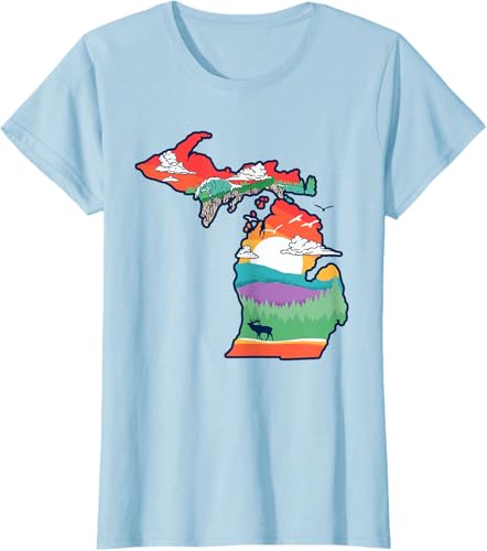 Miniatura 29 de Michigan Outside Vintage Nature Illustration Artistic T-Shirt Slate Grey,White,Baby Blue,Red,Silver Grey,Dark Green,Kelly Green,Olive Green,Lemon
