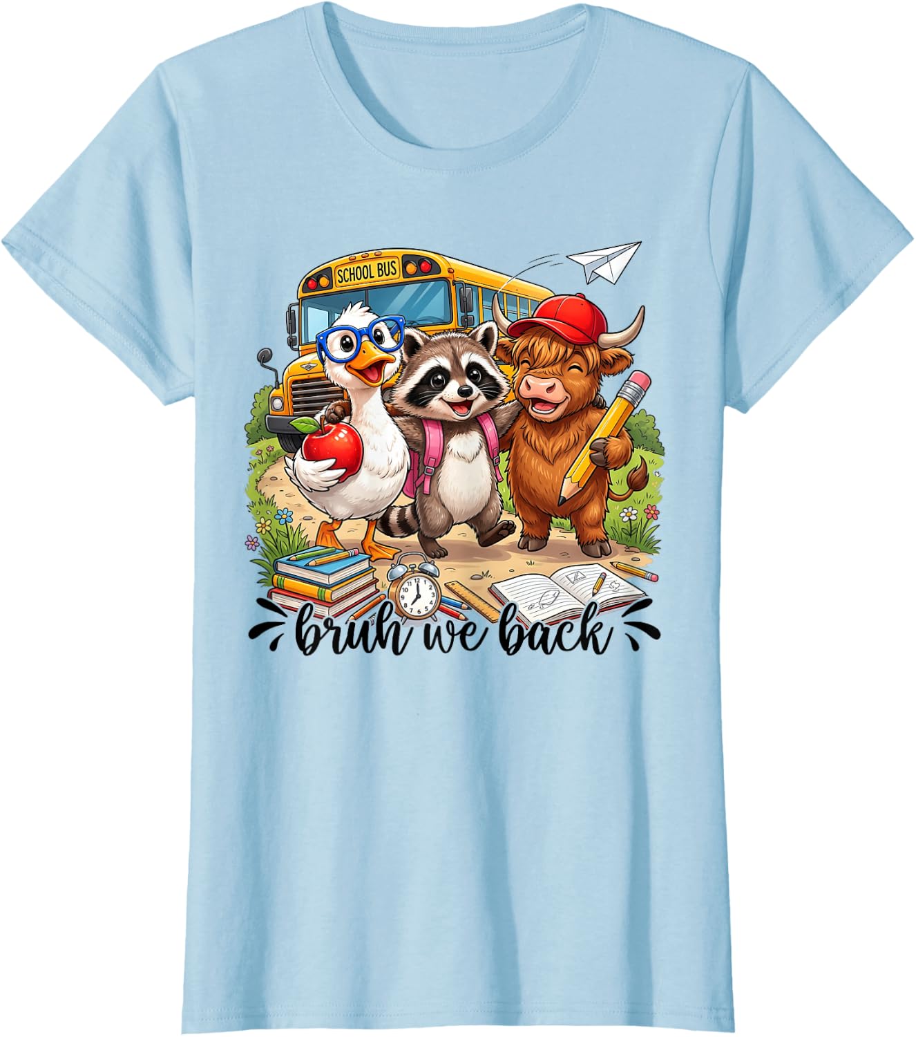 Bruh We Back Funny Back to School Goose Raccoon Cow Student T-Shirt image 5