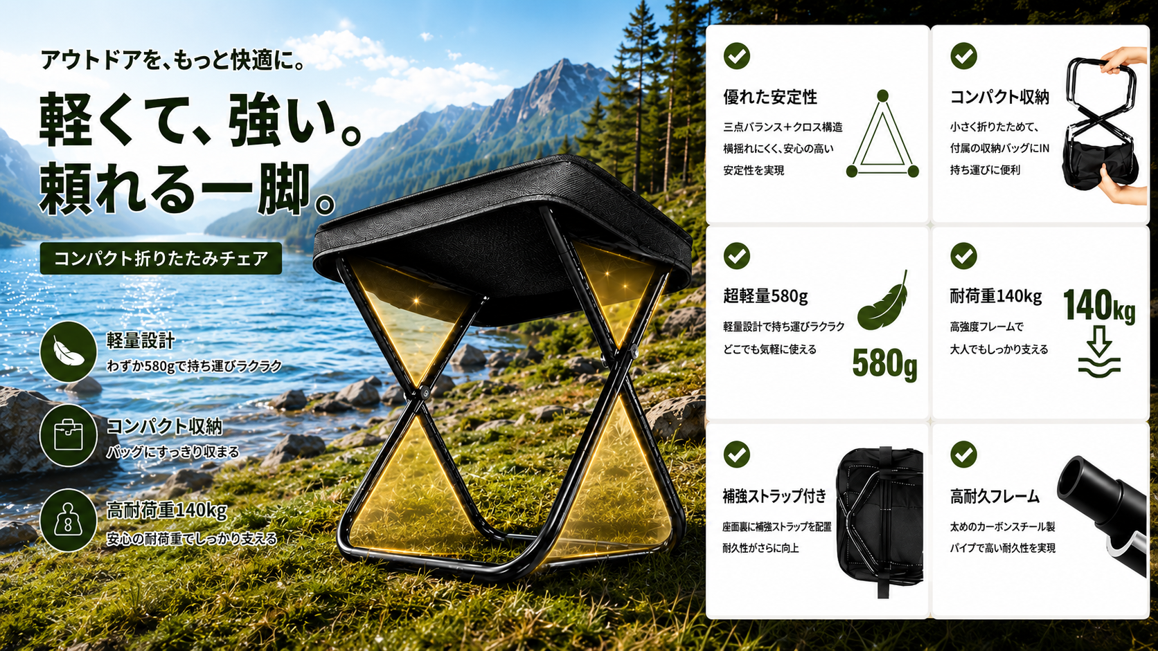 Amazon.co.jp: 折りたたみ椅子【2026新登場】耐荷重140kg 軽量