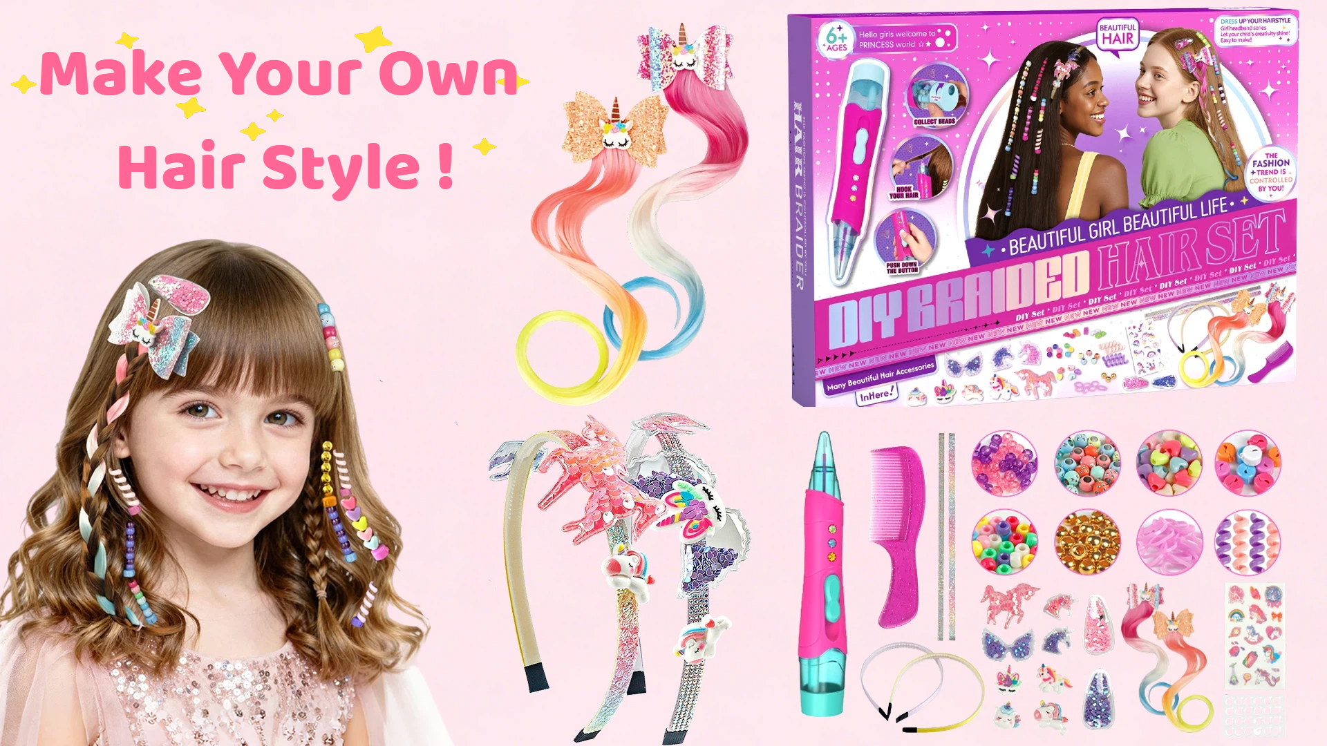 Fozcmisw Juego De Accesorios Para El Pelo Para Niñas | Máquina De Trenzar Con Perlas Y Diadema De Unicornio | +5 Años | Kit Creativo De Peinados | Regalo Para Cumpleaños Y Navidad