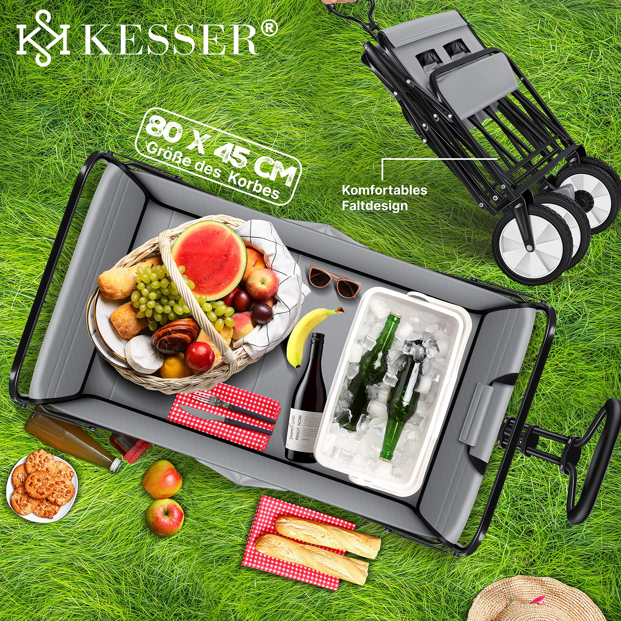 KESSER® Bollerwagen faltbar Handwagen Transportkarre max. 150kg Tragkraft & 360° PVC-Reifen Gerätewagen inkl. 2 Netztaschen, Seitentasche & Abdeckung Transportwagen Gartenanhänger ohne Dach, Grau