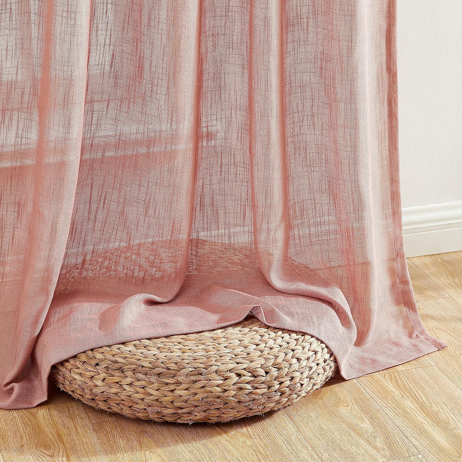 HLC.ME Linda Faux Linen Textured Semi Sheer Privacy Light Filtering Window Rod Pocket Floor Length Thick Curtains Drapery Panels for Office & Living Room, 2 Panels (54 W x 84 L, Blush Pink)