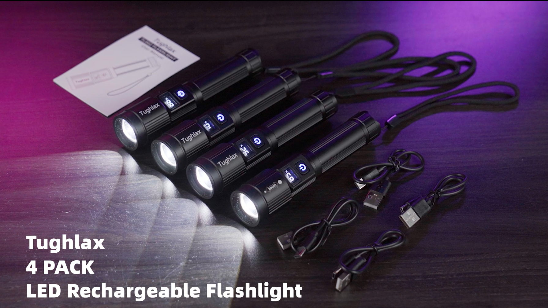 Tughlax 4Pack Rechargeable Flashlights High Lumens 10000LM, Super Bright Flashlight with LCD Digital Display, 5 Modes Adjustable Flash Light, LED Flashlight Powerful, Tactical Flashlights for Home : Tools & Home Improvement
