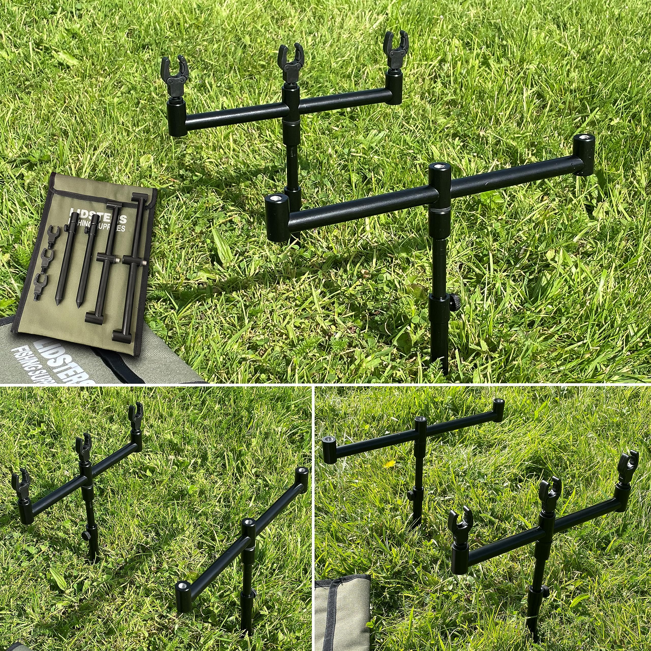 3 ROD SET UP BLACK 2 20-30CM BANK STICKS 2 BUZZ BARS CARP FISHING 16MM + 2 RESTS