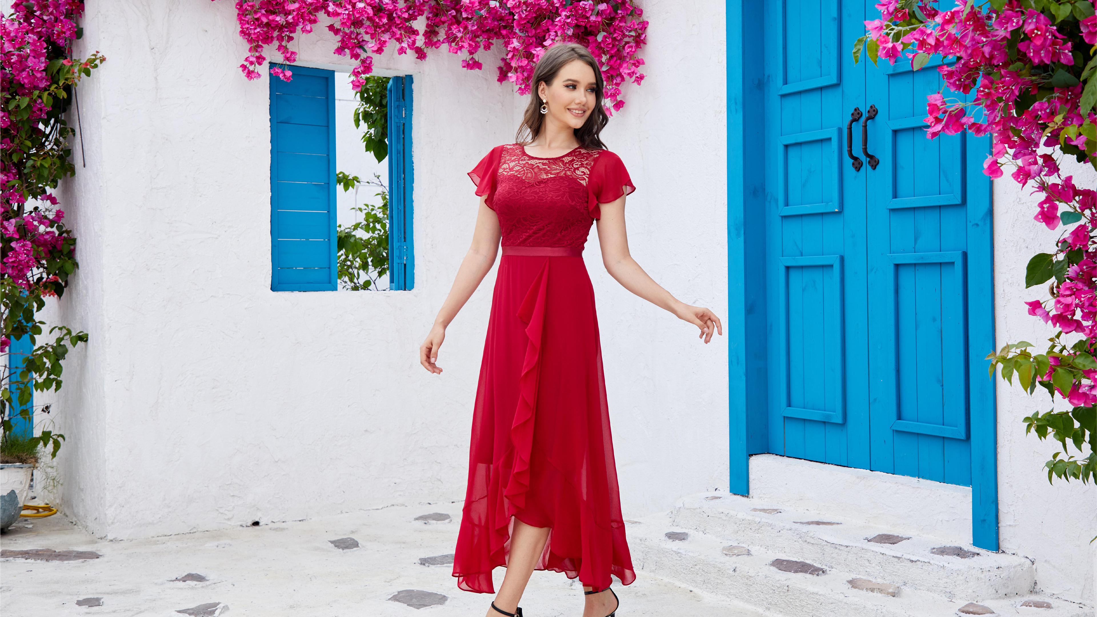 Abito Da Sera Berylove Donna - Lungo Con Spacco E Maniche Corte | Elegante Per Matrimoni E Party | Tessuto Chiffon - Foto 12