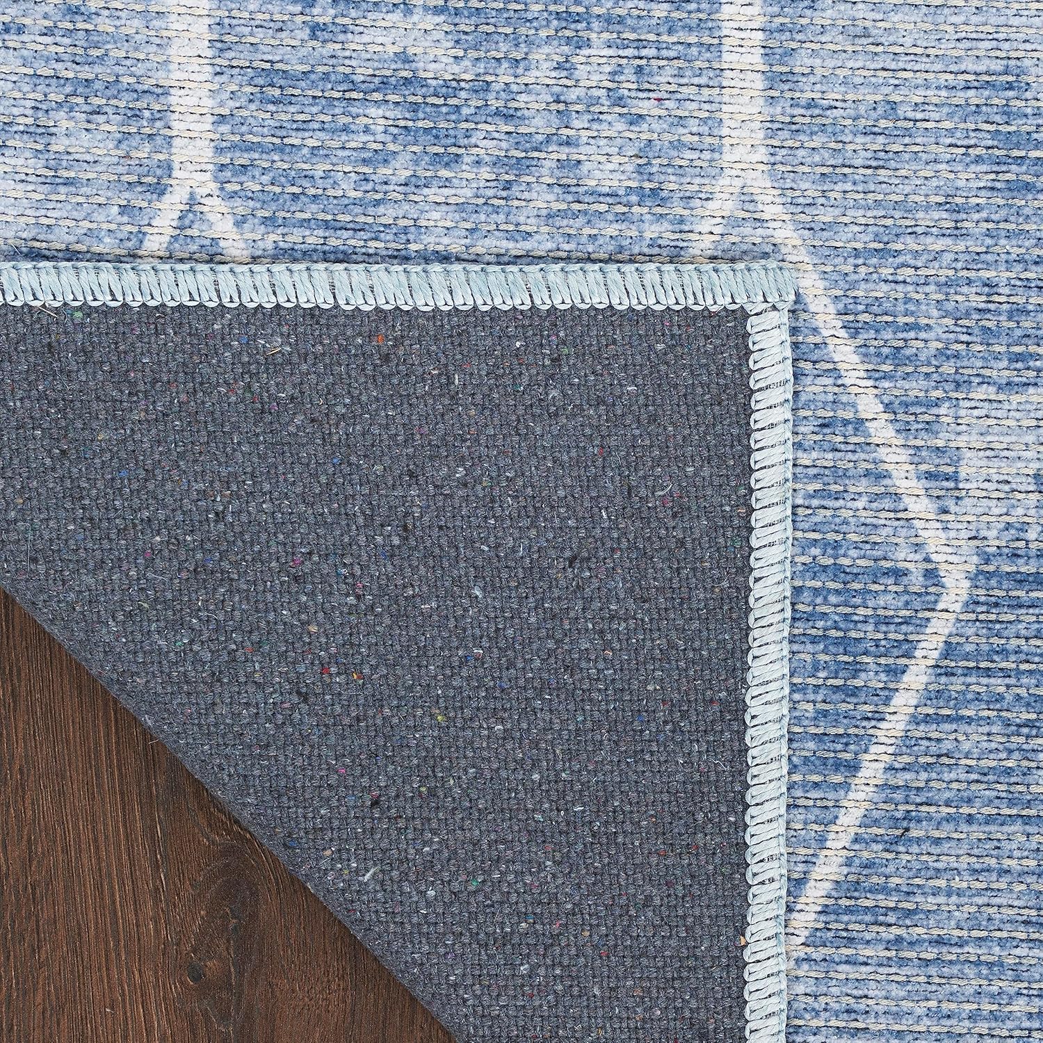 Blue Geometric Cotton Chenille 6' x 9' Washable Rug