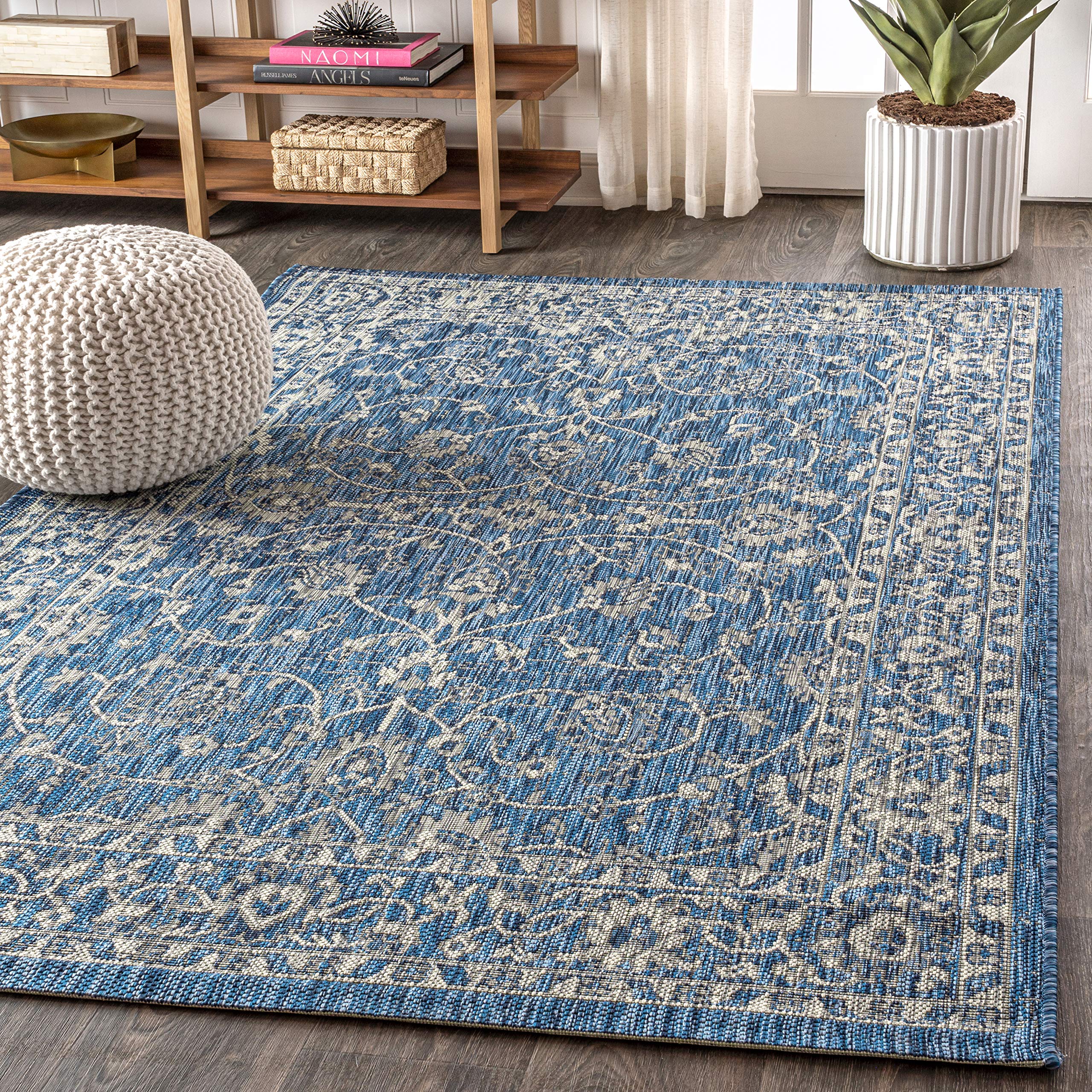  9' X 12', JONATHAN Y SMB103A-9 Palazzo Vine and Border Textured Weave Indoor Outdoor Area Rug Coastal Bohemian Rustic Glam Easy Cleaning Bedroom Kitchen Backyard Patio Non Shedding, Navy/Gray