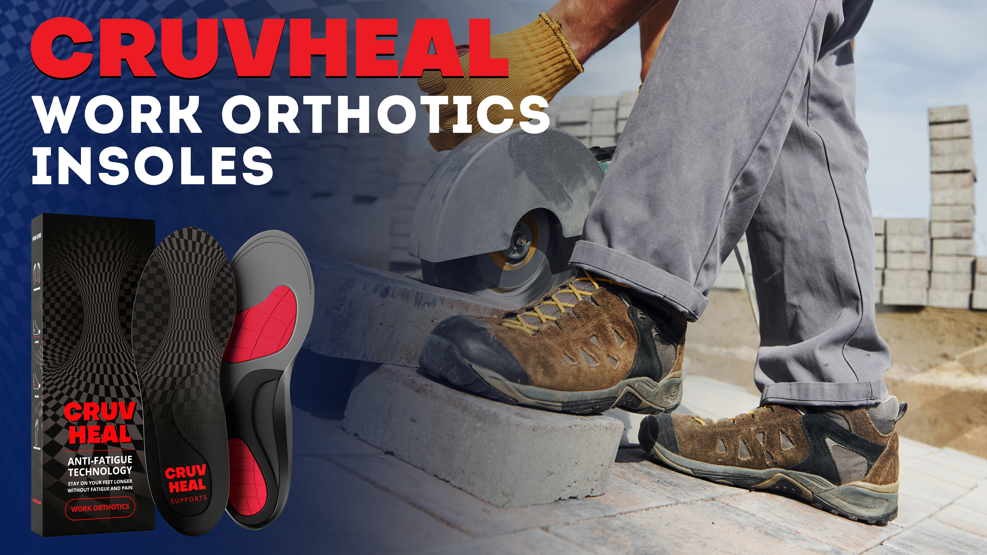 Various orthotic insoles arranged showing anti-fatigue technology for concrete floor workers