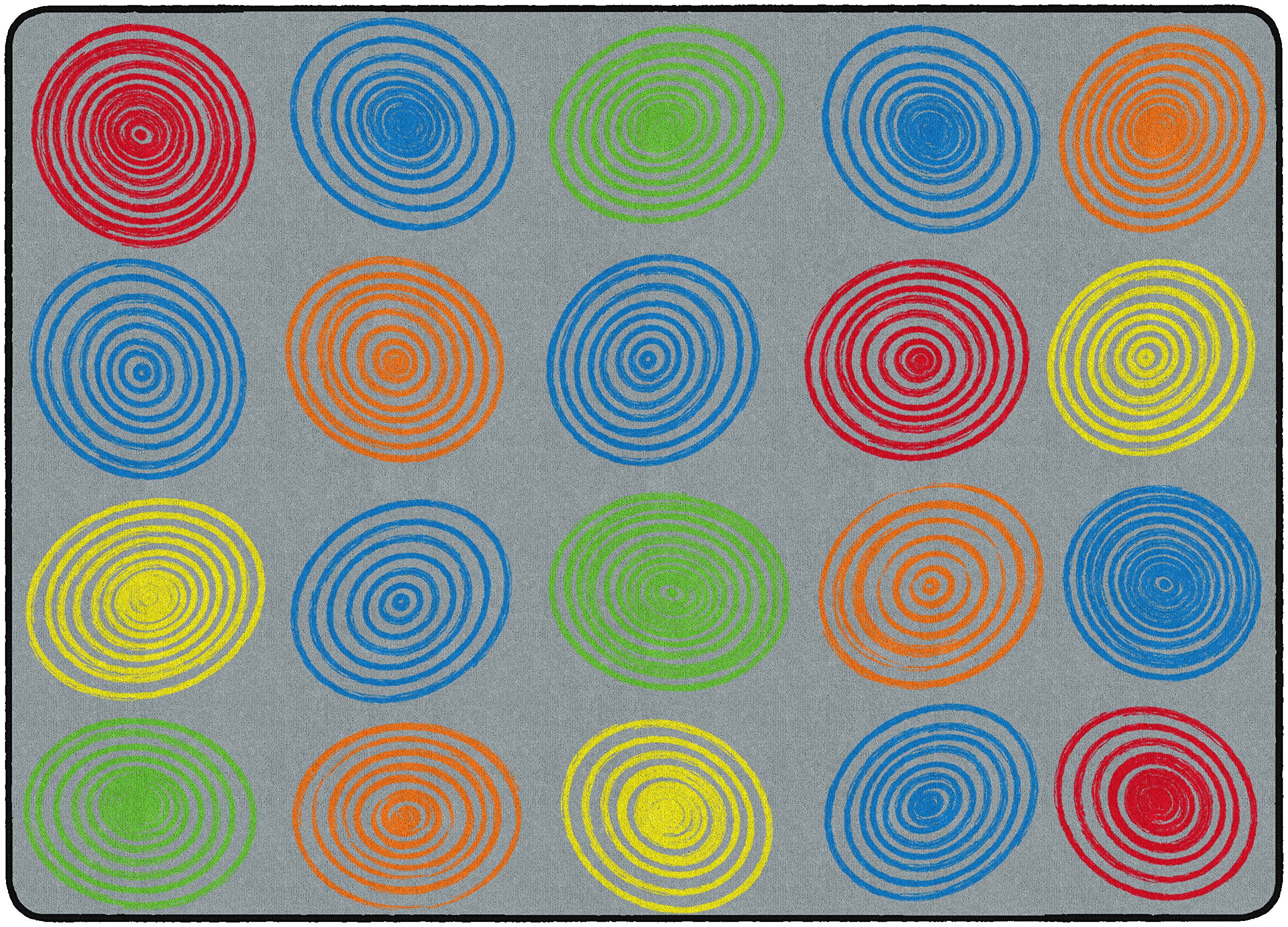 flagship carpets circles abstract educational area rug for kids room seating décor, children's classroom, play carpet for teaching and playroom, seats 20, 6' x 8'4", grey
